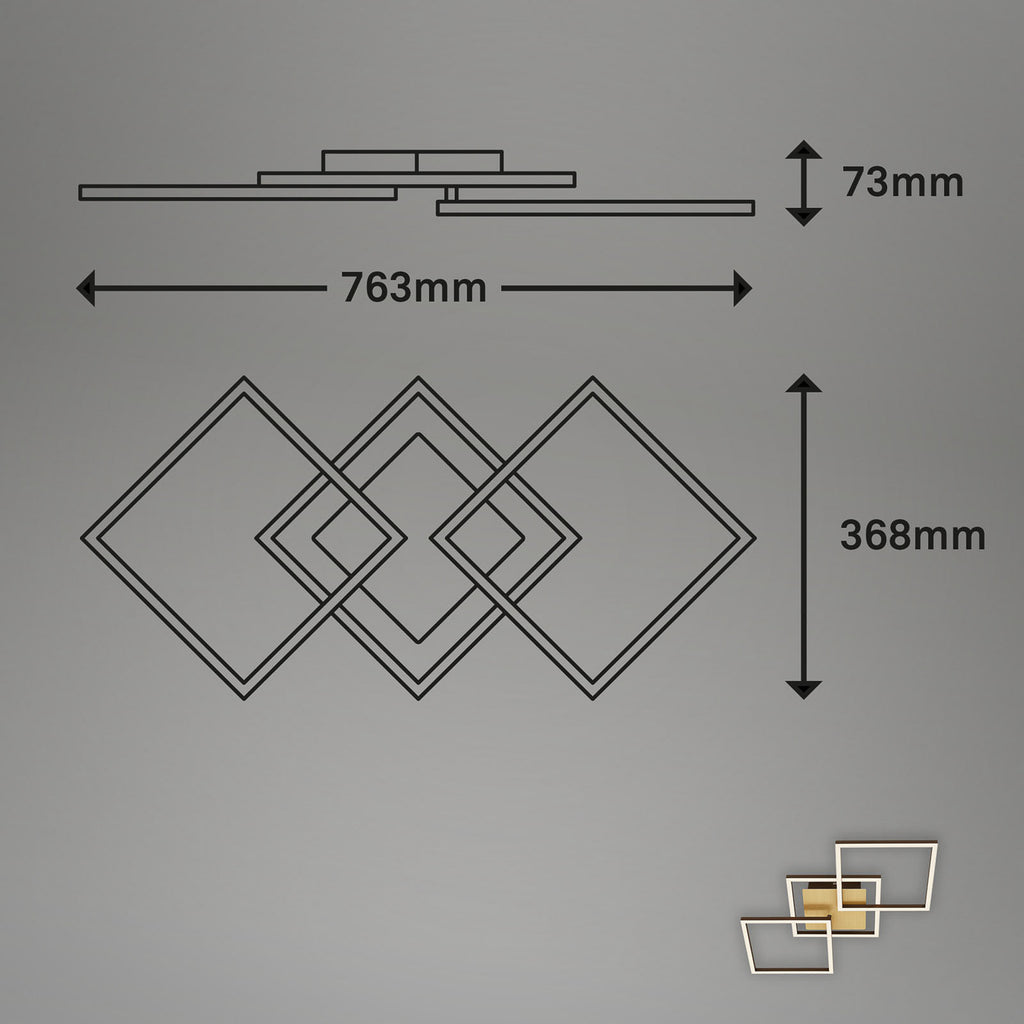 LED taklampe Frame 3-lys dimbar gull/brun 76 cm med dimmer