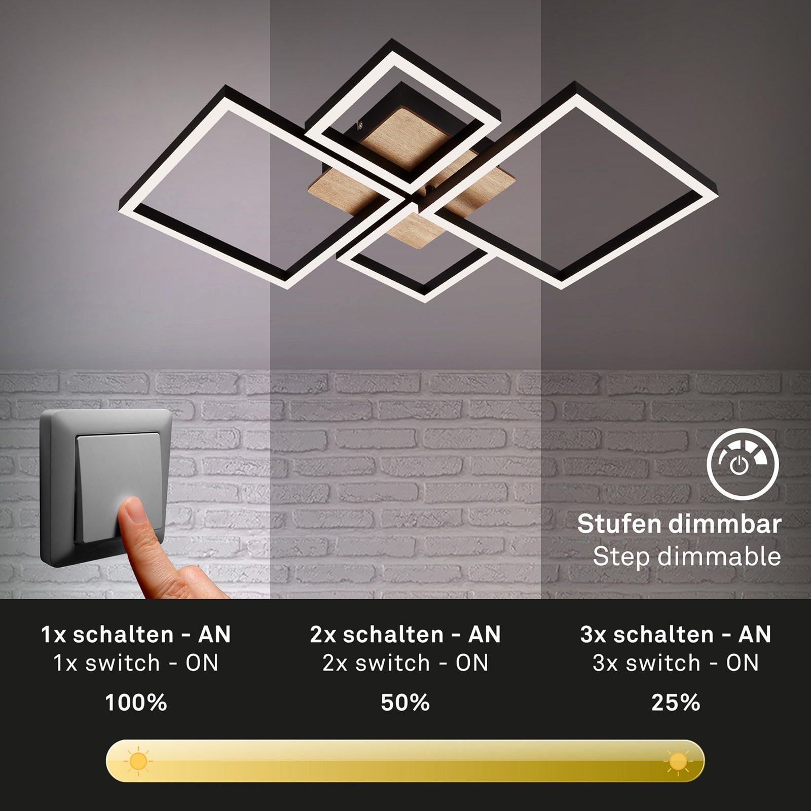 LED taklampe Frame 4-lys tre/svart dimbar med varmt hvitt lys