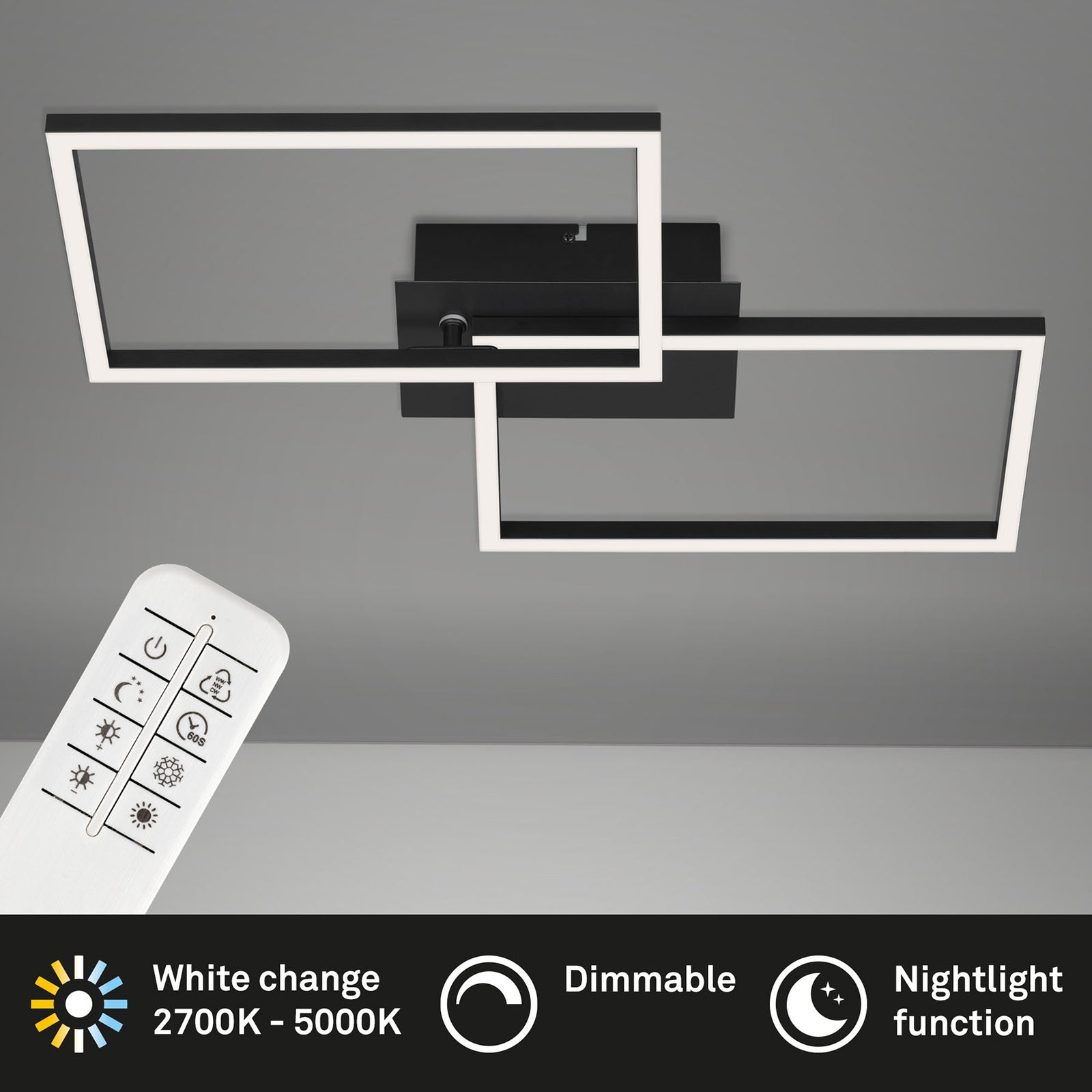 LED taklampe Frame CCT dimbar svart 50x39 cm med fjernkontroll sideprofil