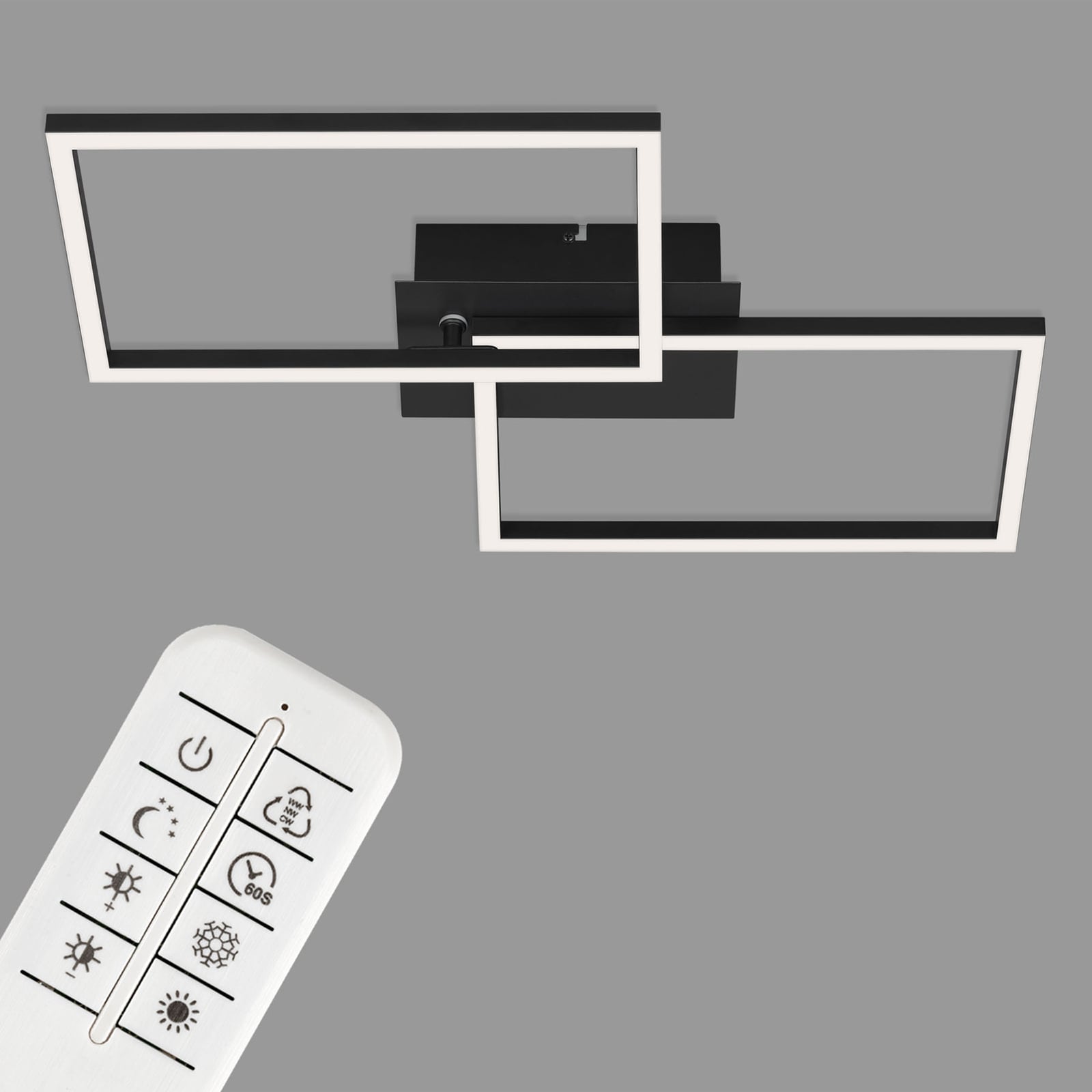 LED taklampe Frame CCT dimbar svart 50x39 cm med fjernkontroll lys på