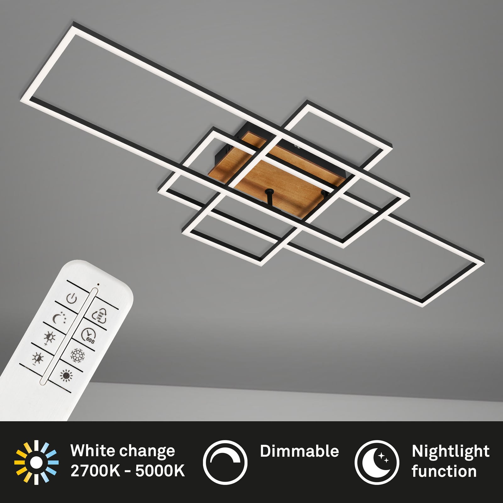 LED taklampe Frame CCT svart/tre 104 cm sideprofil