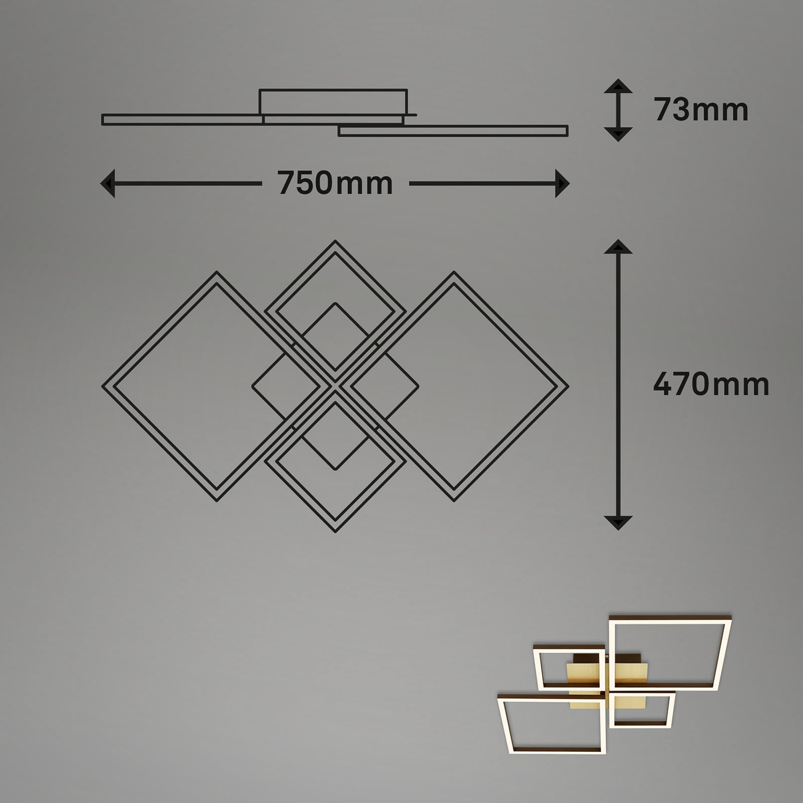 LED taklampe Frame dimbar 4-lys gull 75x47 cm montert i rom