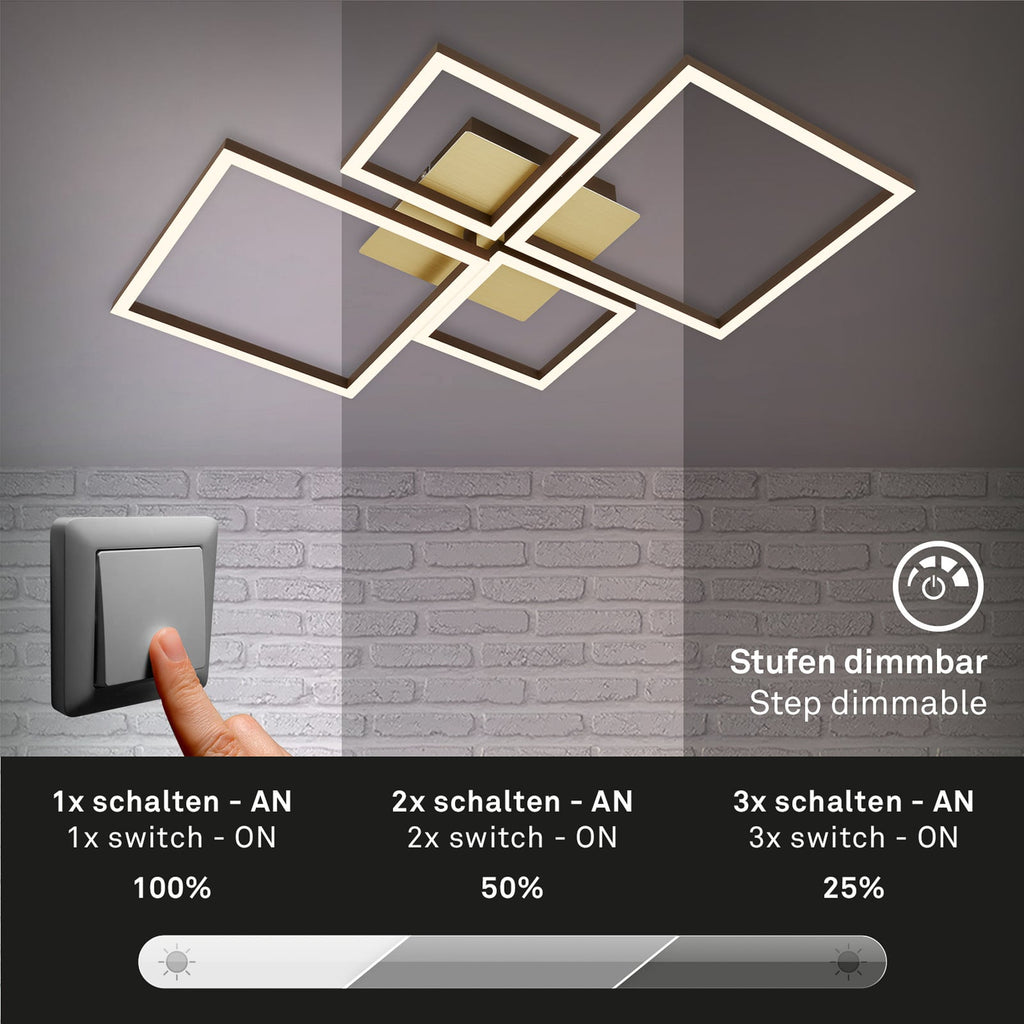 LED taklampe Frame dimbar 4-lys gull 75x47 cm svingbare LED-moduler