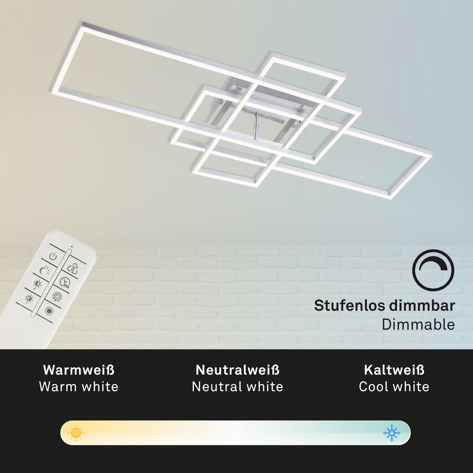 LED taklampe Frame rektangulær 3-lys CCT 104 cm fjernkontroll