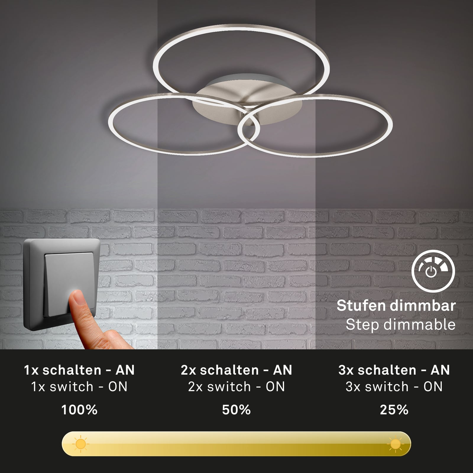 LED taklampe Frame Ring 3-lys matt nikkel nærbilde av lys