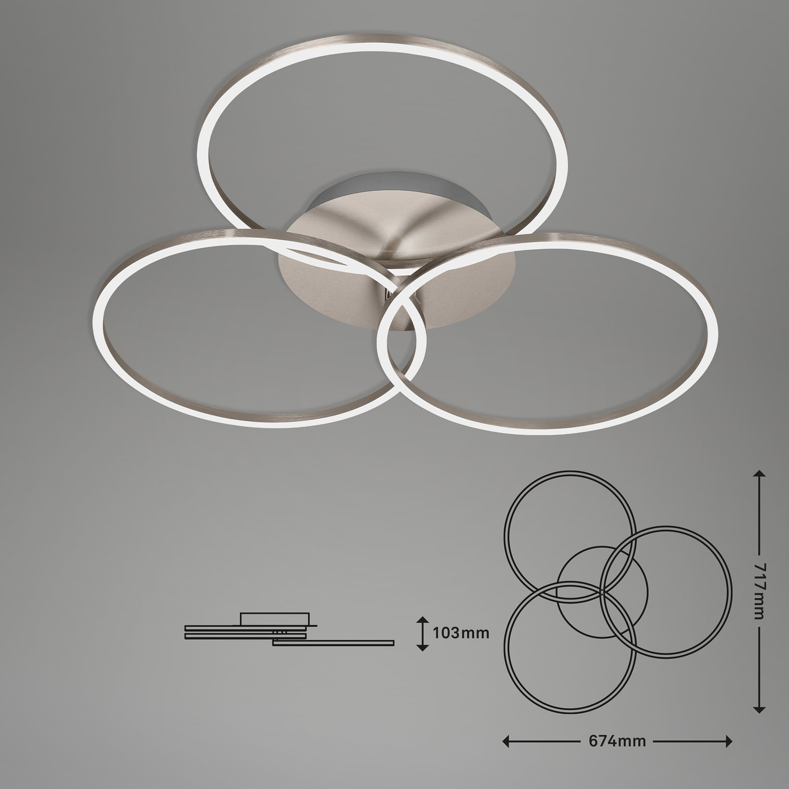 LED taklampe Frame Ring 3-lys matt nikkel sideprofil