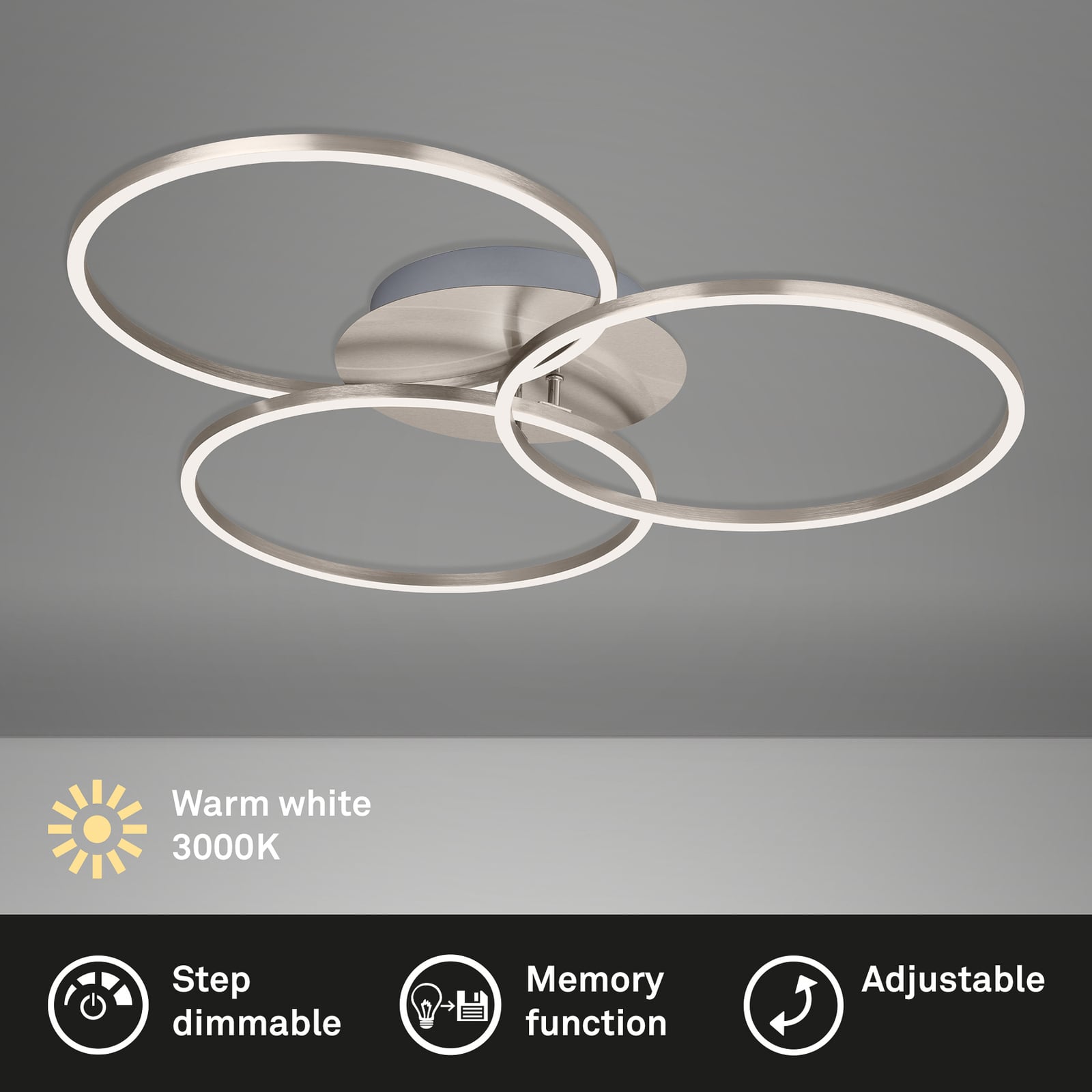 LED taklampe Frame Ring 3-lys matt nikkel dimmerbryter