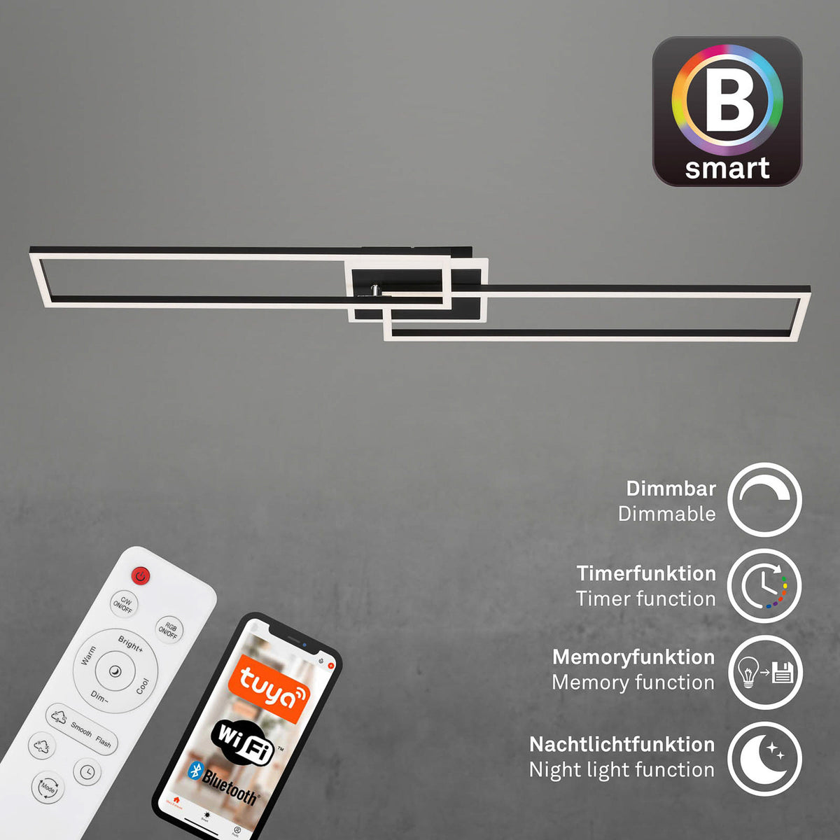 LED taklampe Frame S CCT dimbar 110x24,8 cm svart - Briloner fjernkontroll