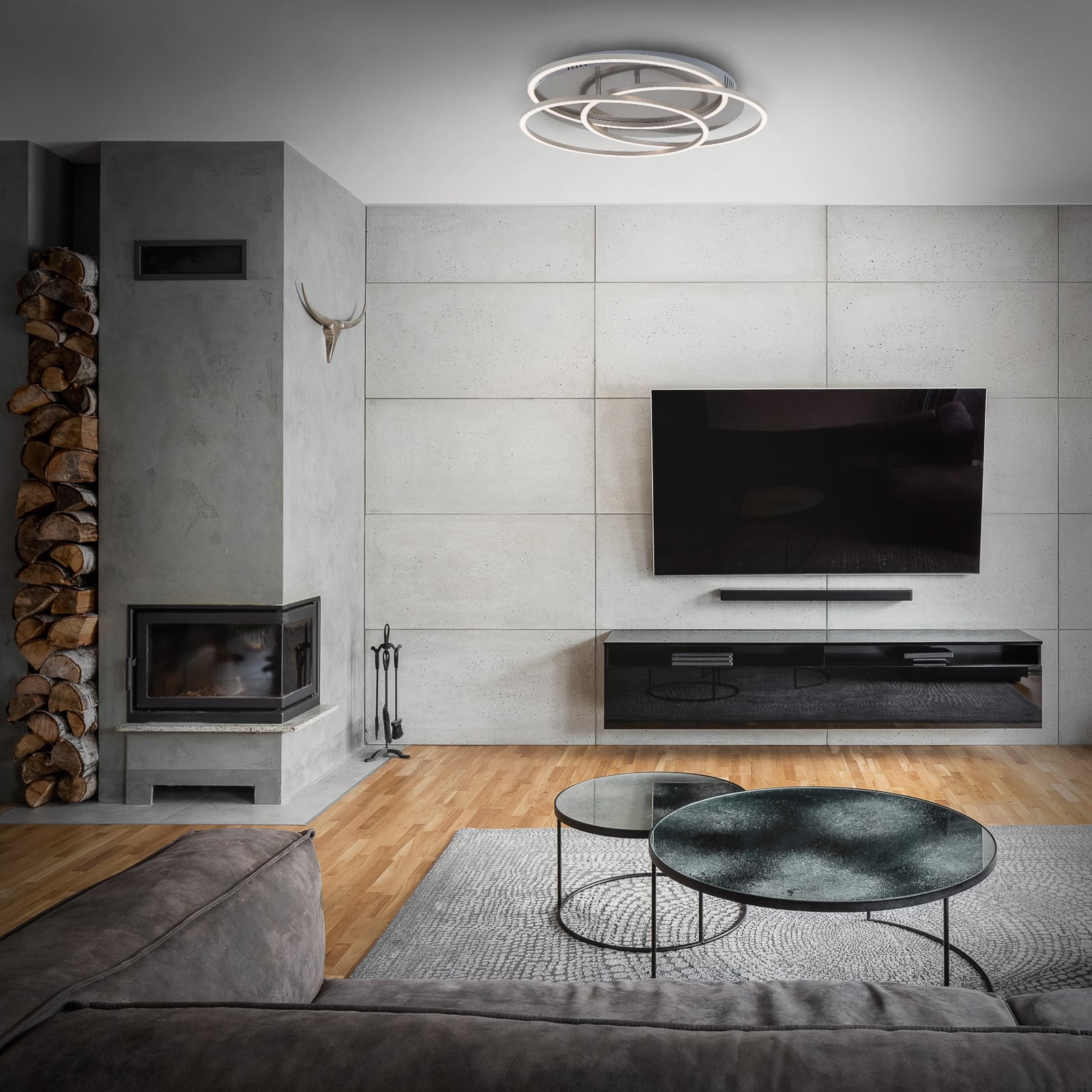 LED taklampe Frames tre ringer dimbar med lys på