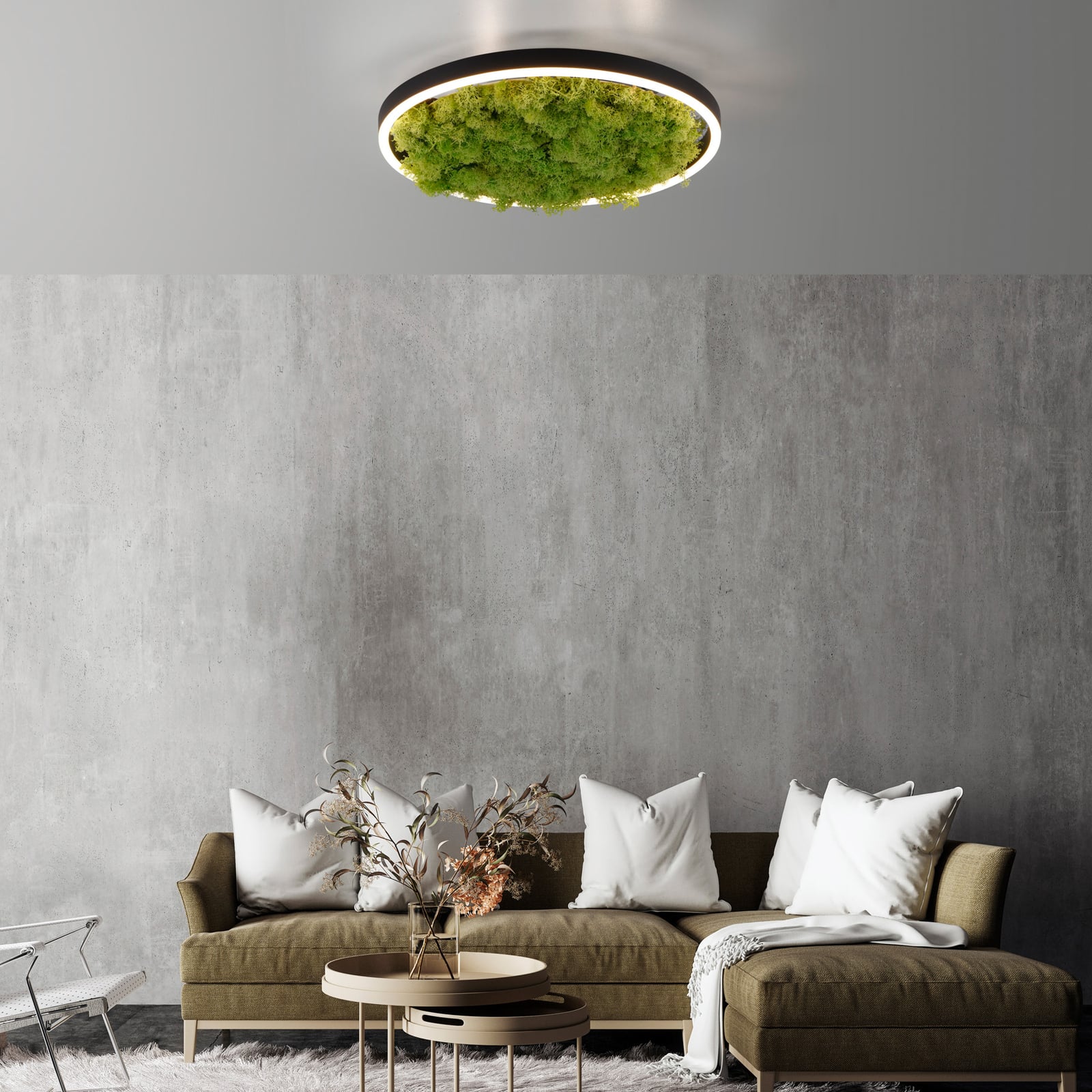 LED taklampe Green Ritus med mose dimbar Ø39,3 cm svart forfra
