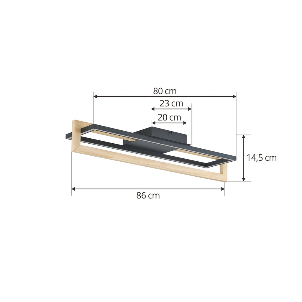 LED taklampe Holamu svart med tredetalj 86 cm montert i stue