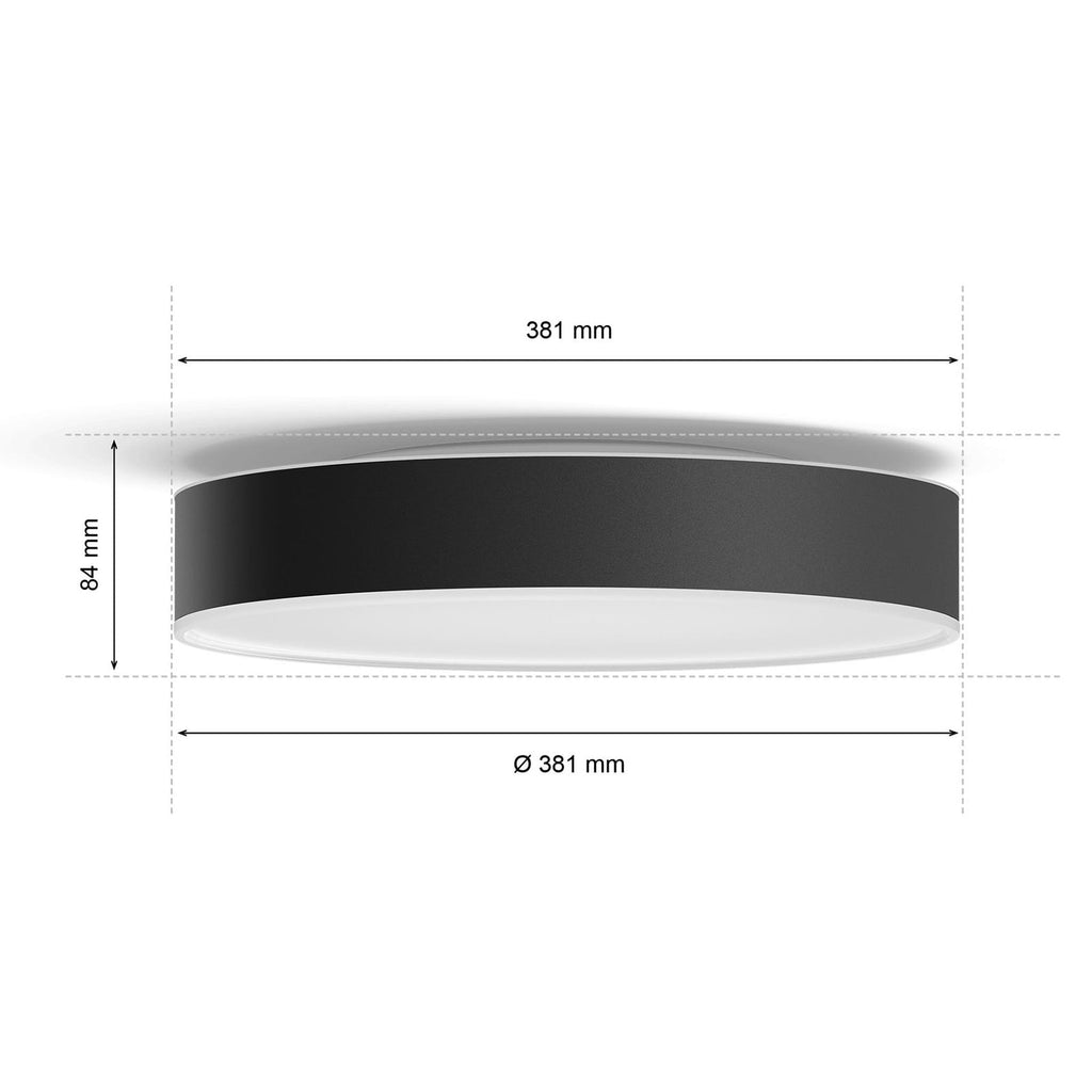 LED-taklampe Hue Enrave dimbar CCT Ø38 cm svart lys i bruk