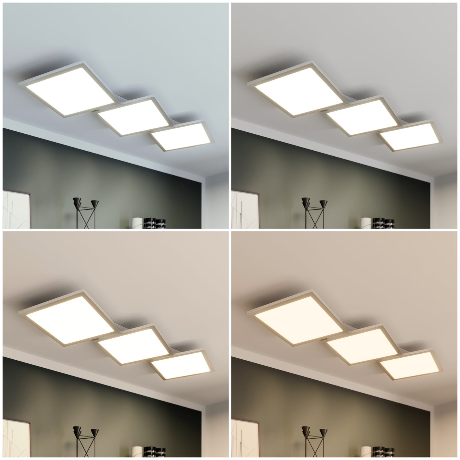 Oversiktsbilde av LED taklampe Ilira 3-lys sølv CCT dimbar med fjernkontroll