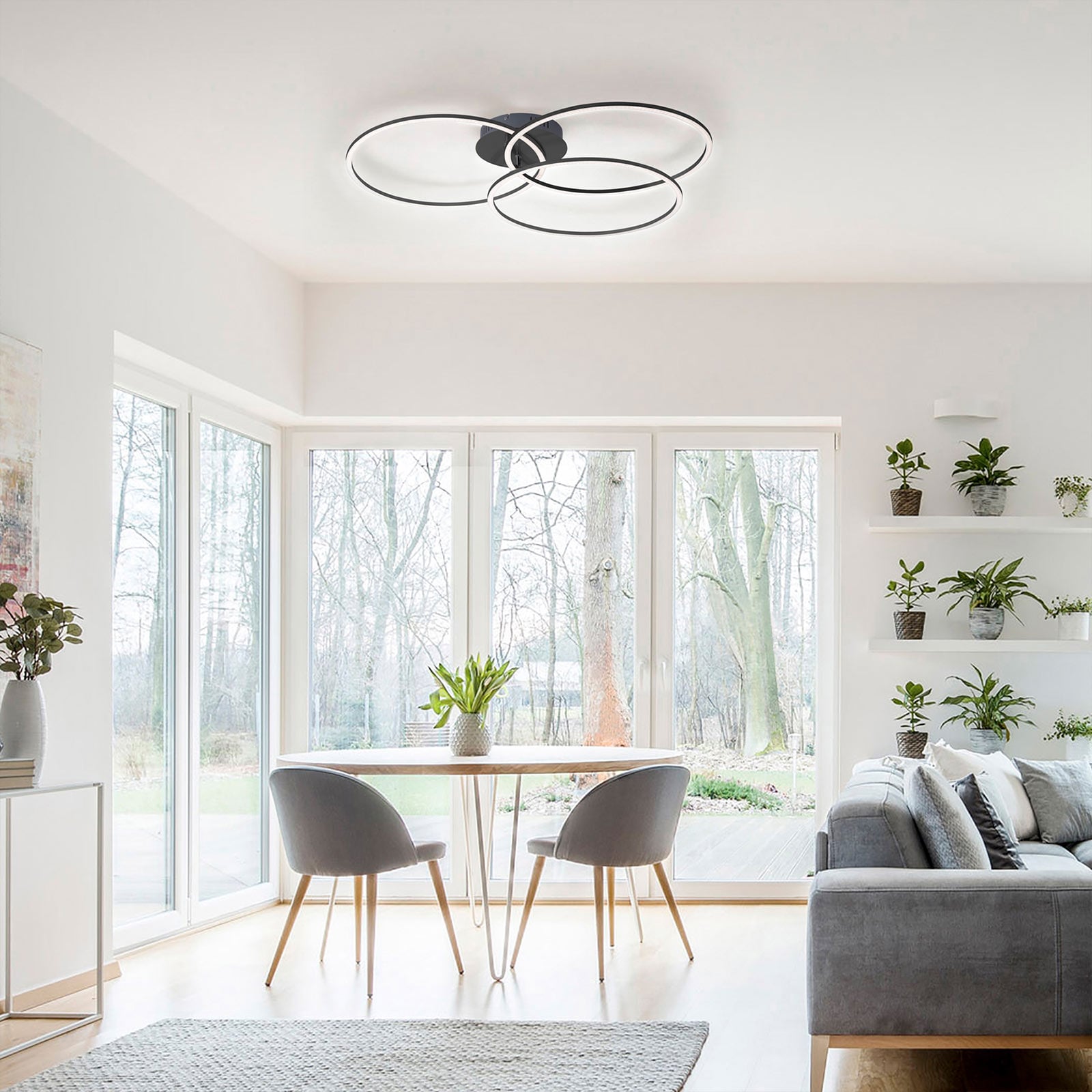 LED taklampe Ivanka tre ringer dimbar svart 75 cm front