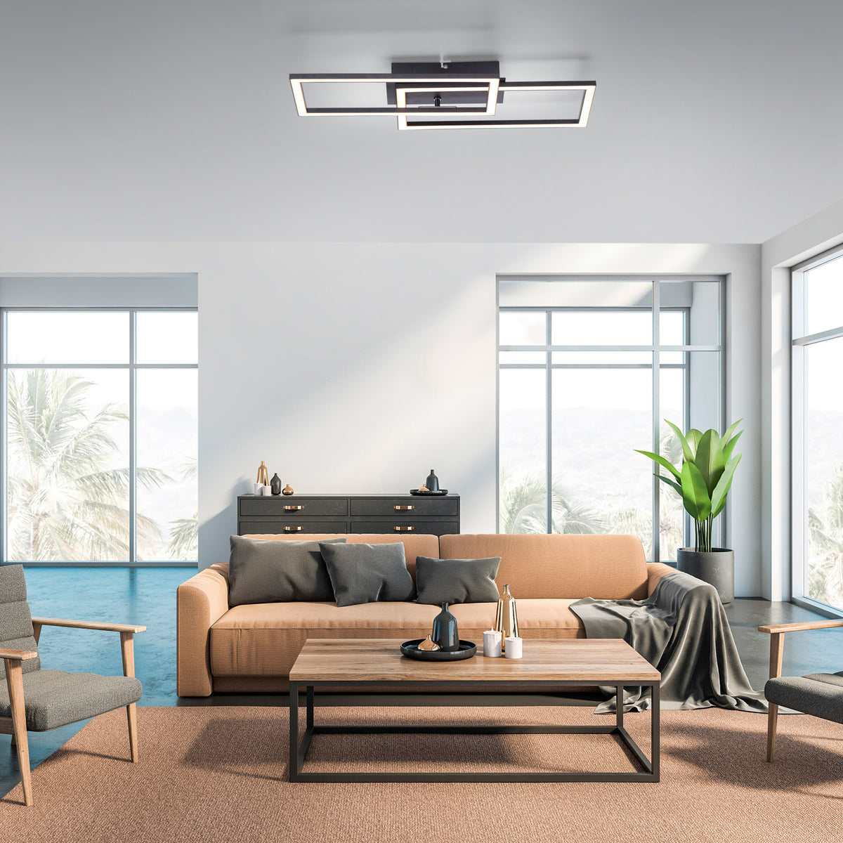 LED taklampe Iven dimbar svart aluminium 54x31 cm med lys på