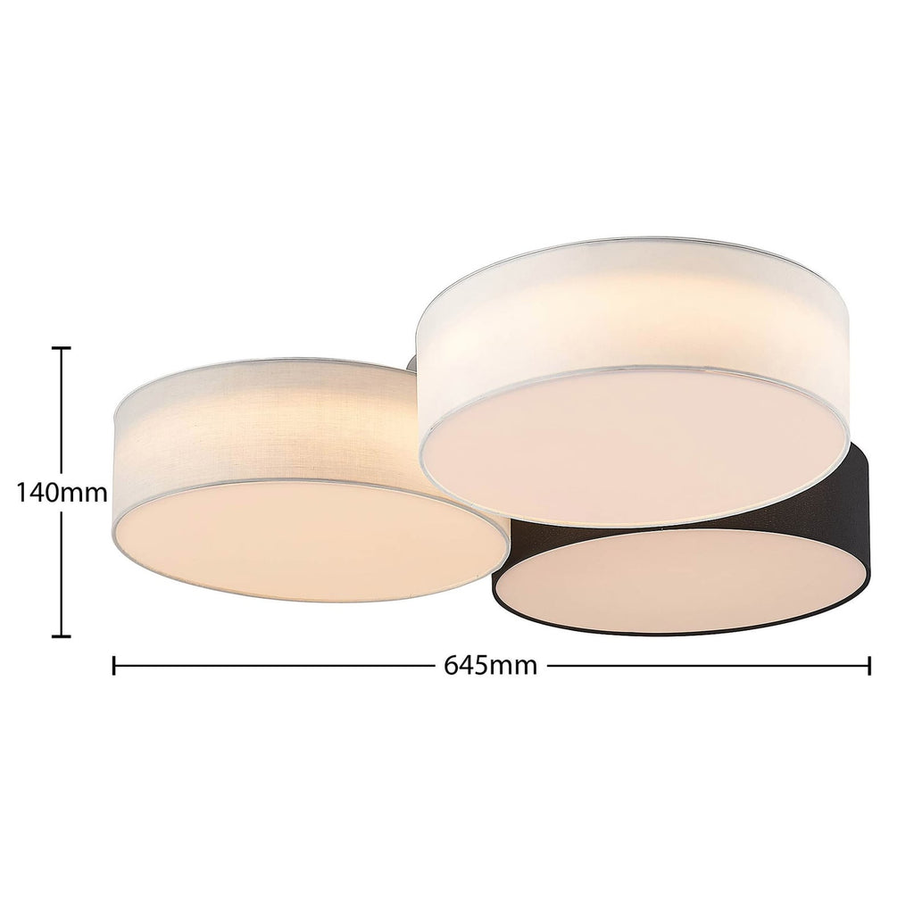 LED taklampe Janita 3-lys tekstil dimbar Ø64,5 cm montert i rom