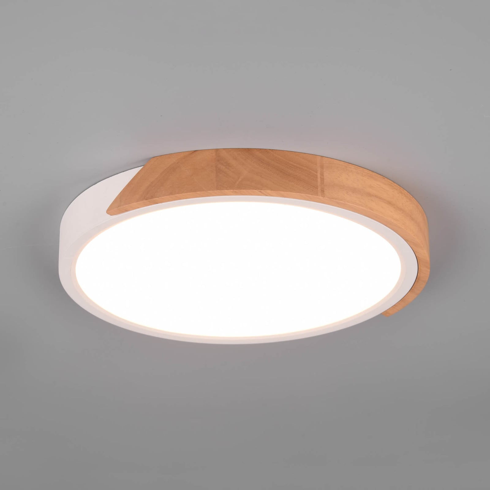 LED taklampe Jano rund hvit/tre Ø31,5 cm dimbar 20W forfra