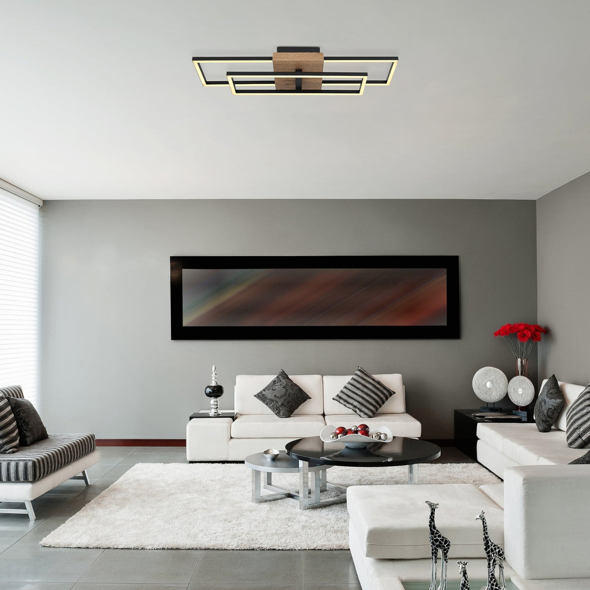 Nærbilde av LED taklampe Kendra svart tre/metall 60 cm