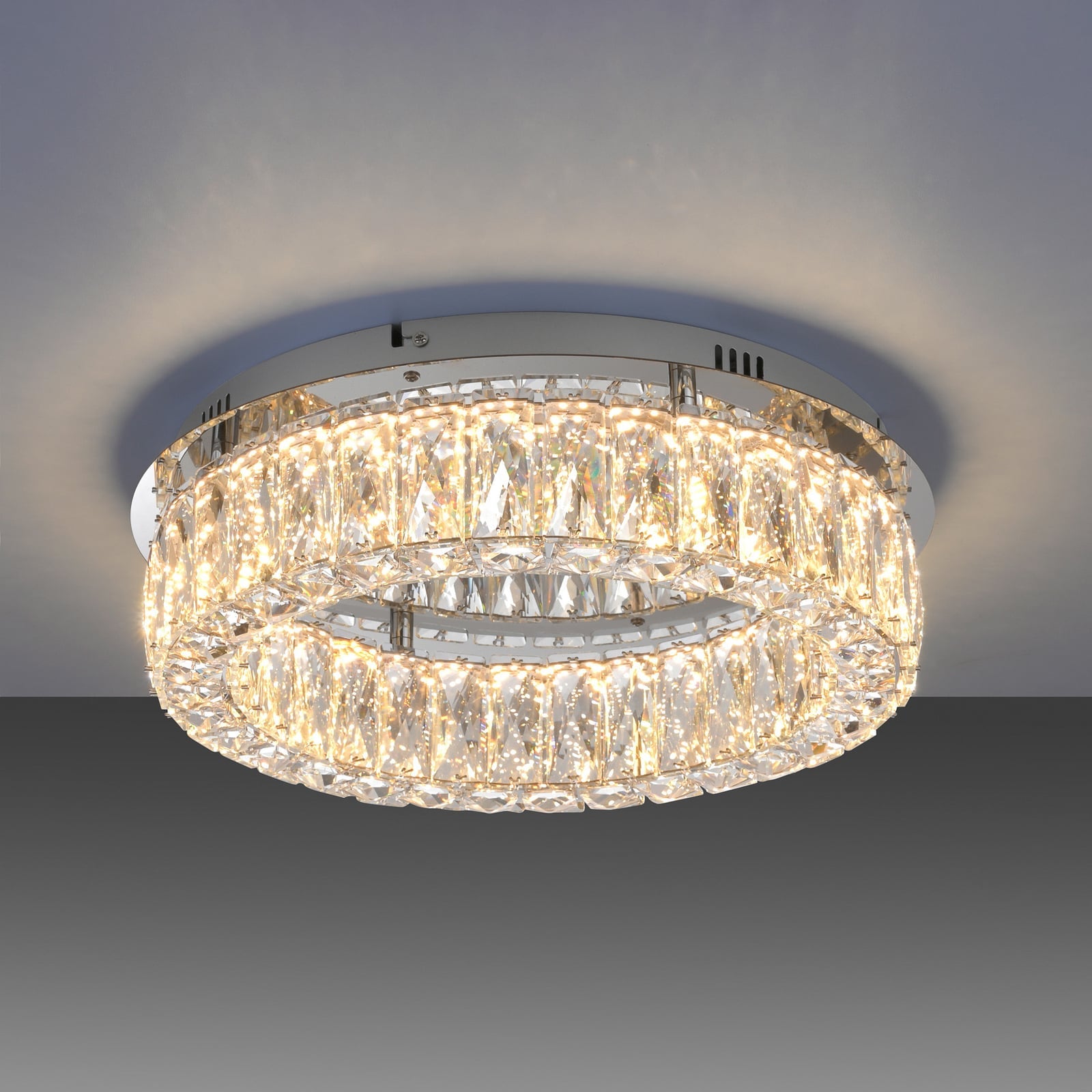Montert LED taklampe Kulunka krystallglass krom dimbar Ø40 cm i rom
