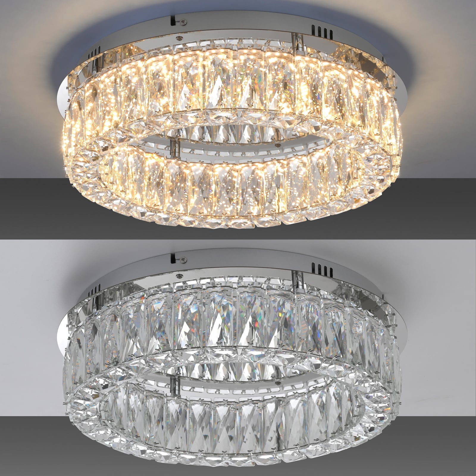 LED taklampe Kulunka krystallglass krom dimbar Ø40 cm sett fra siden