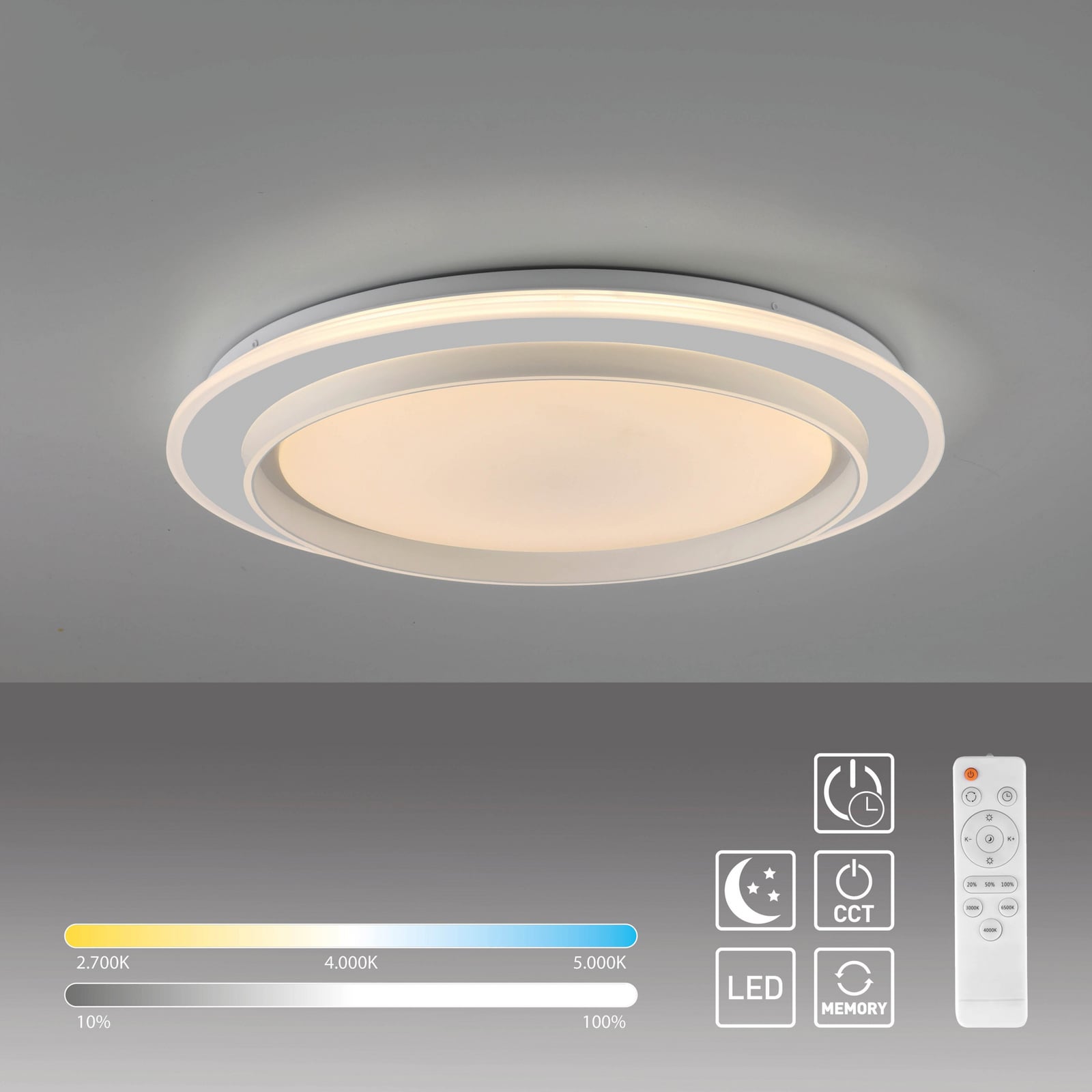 Nærbilde av LED taklampe Lago CCT dimbar med fokus på lysdiffusor