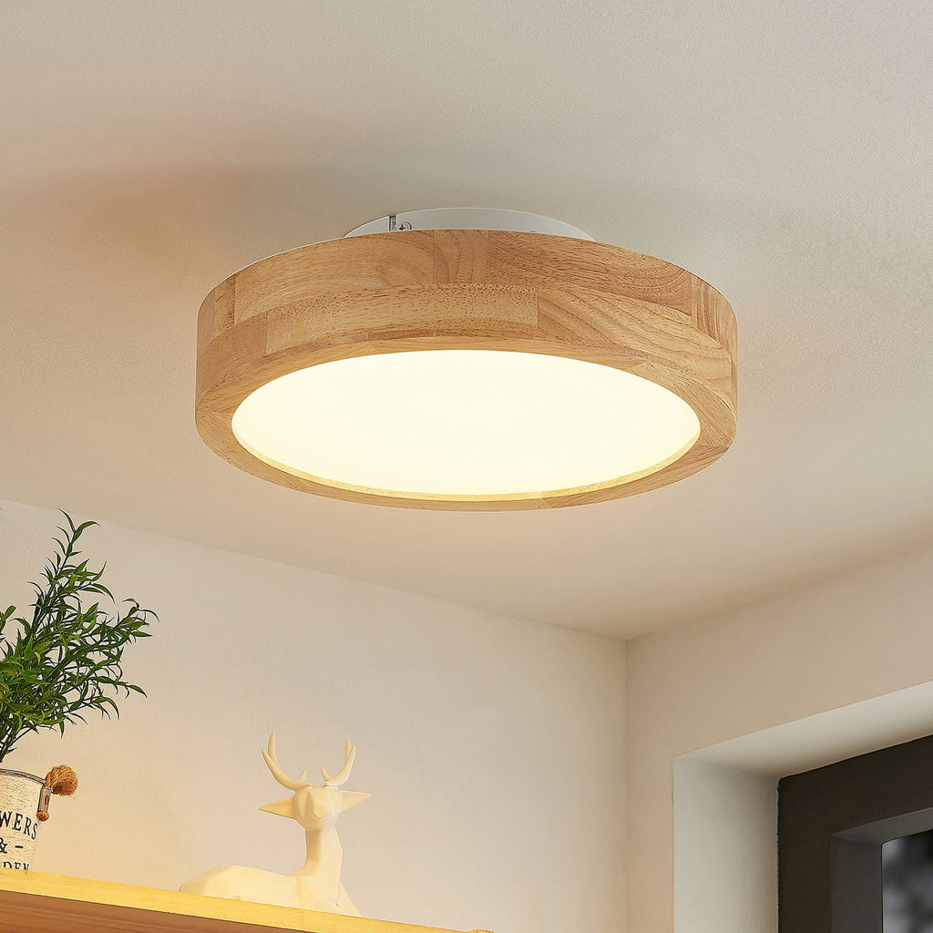 LED taklampe Lanira eik dimbar fjernkontroll CCT Ø30 cm forfra