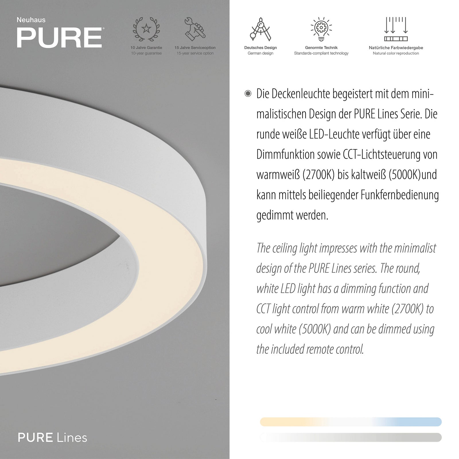 LED taklampe Lines Ø35 cm CCT dimbar med fjernkontroll - PURE lysmodus