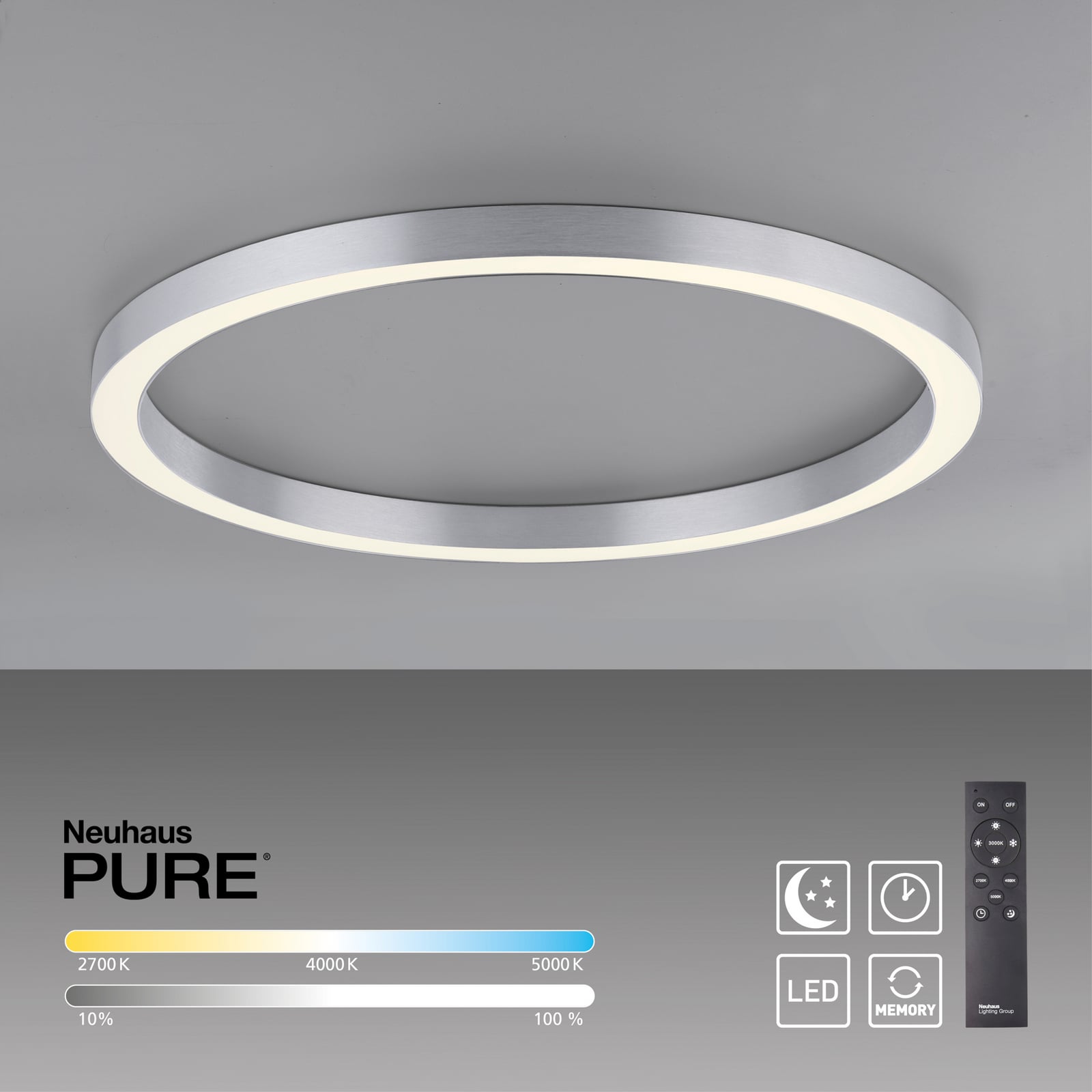 LED taklampe Lines Round dimbar CCT Ø70 cm sølv med lys på