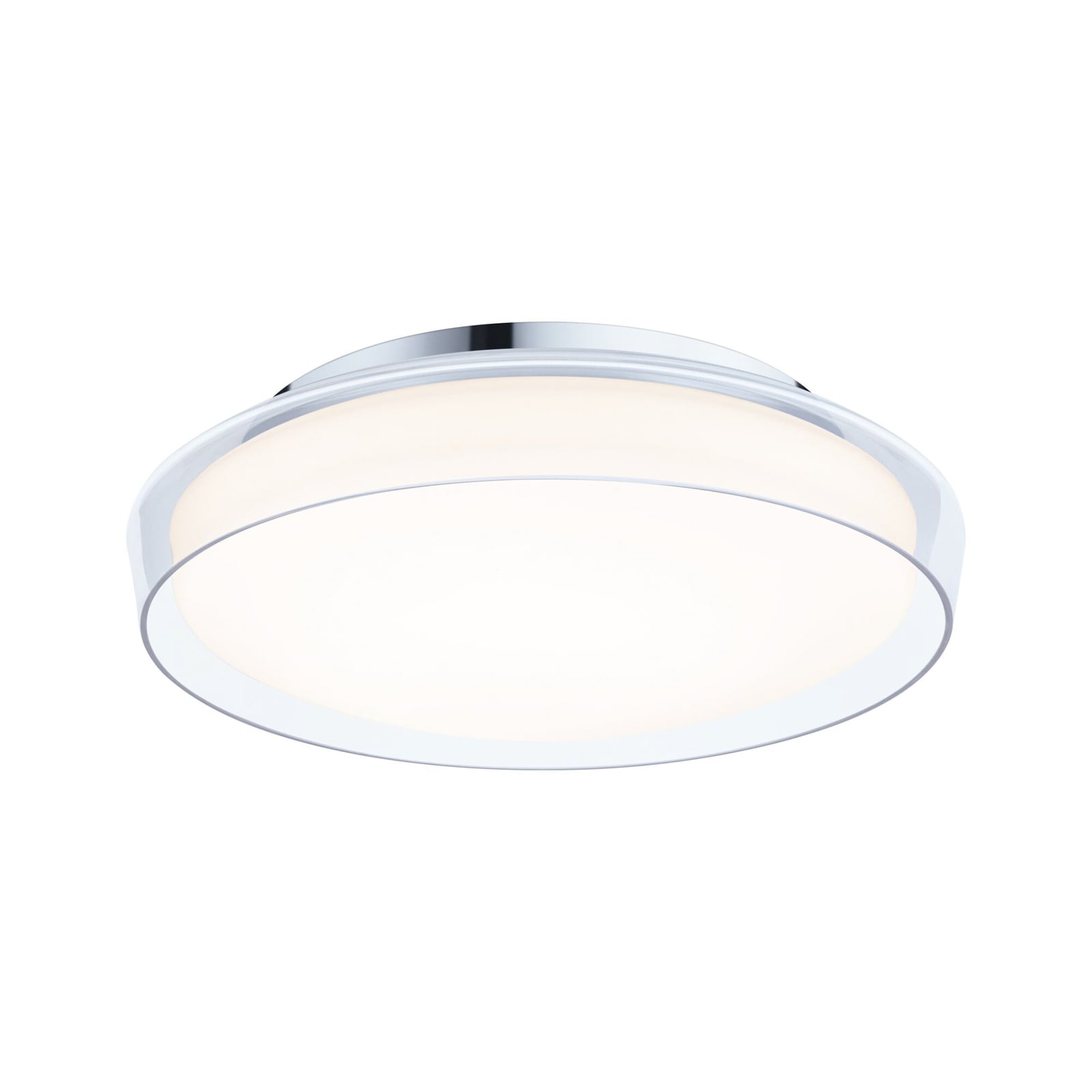 LED taklampe Luena krom glass Ø35 cm varmhvit IP44 forfra