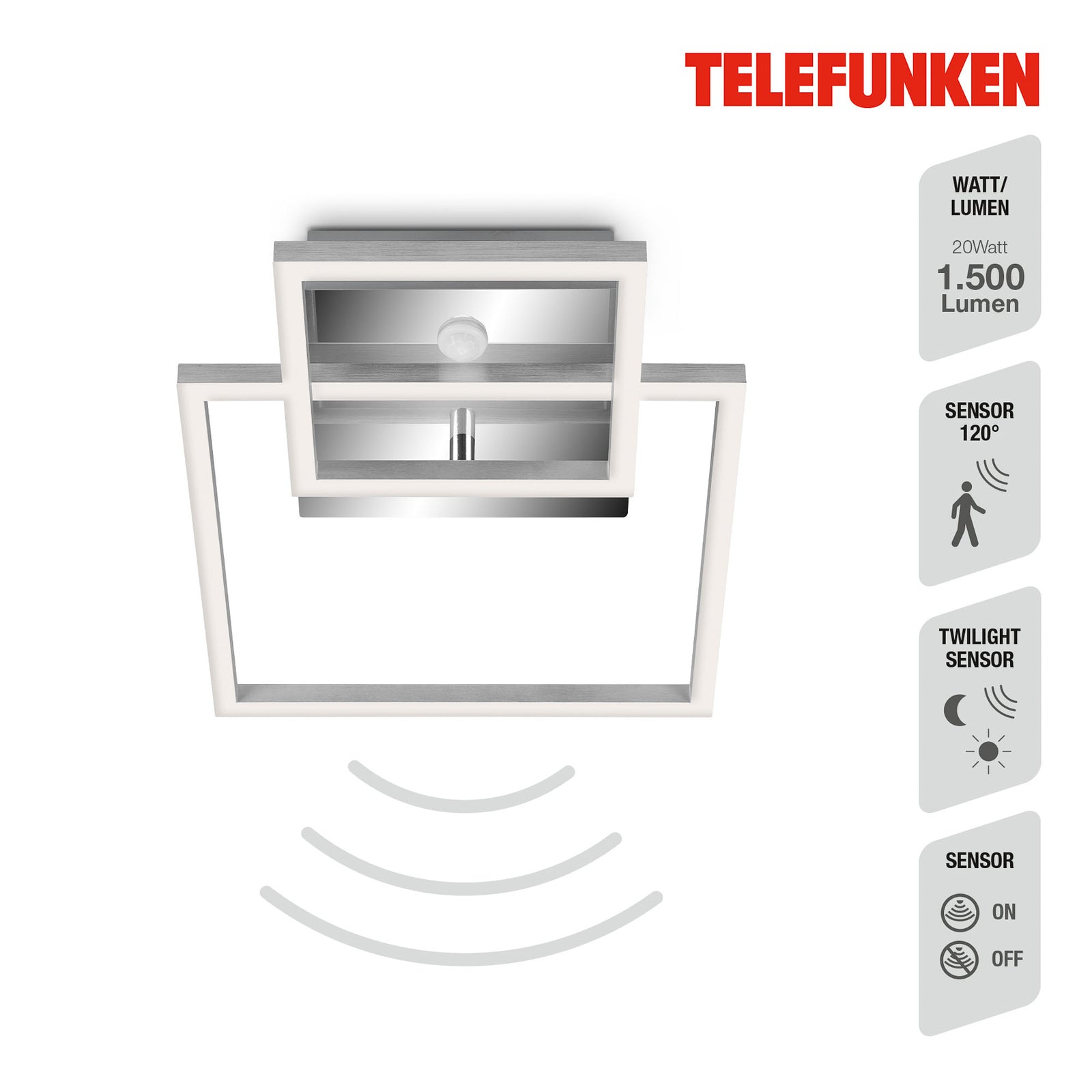 Nærbilde av LED taklampe med bevegelsessensor krom/aluminium 26x36 cm