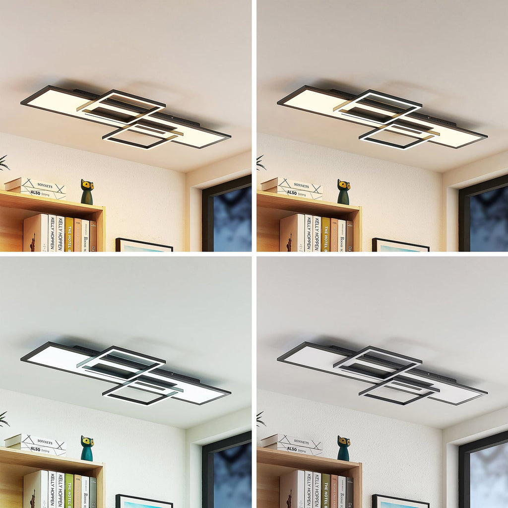 LED taklampe Narumi dimbar CCT aluminium 110 cm med fjernkontroll montert i rom