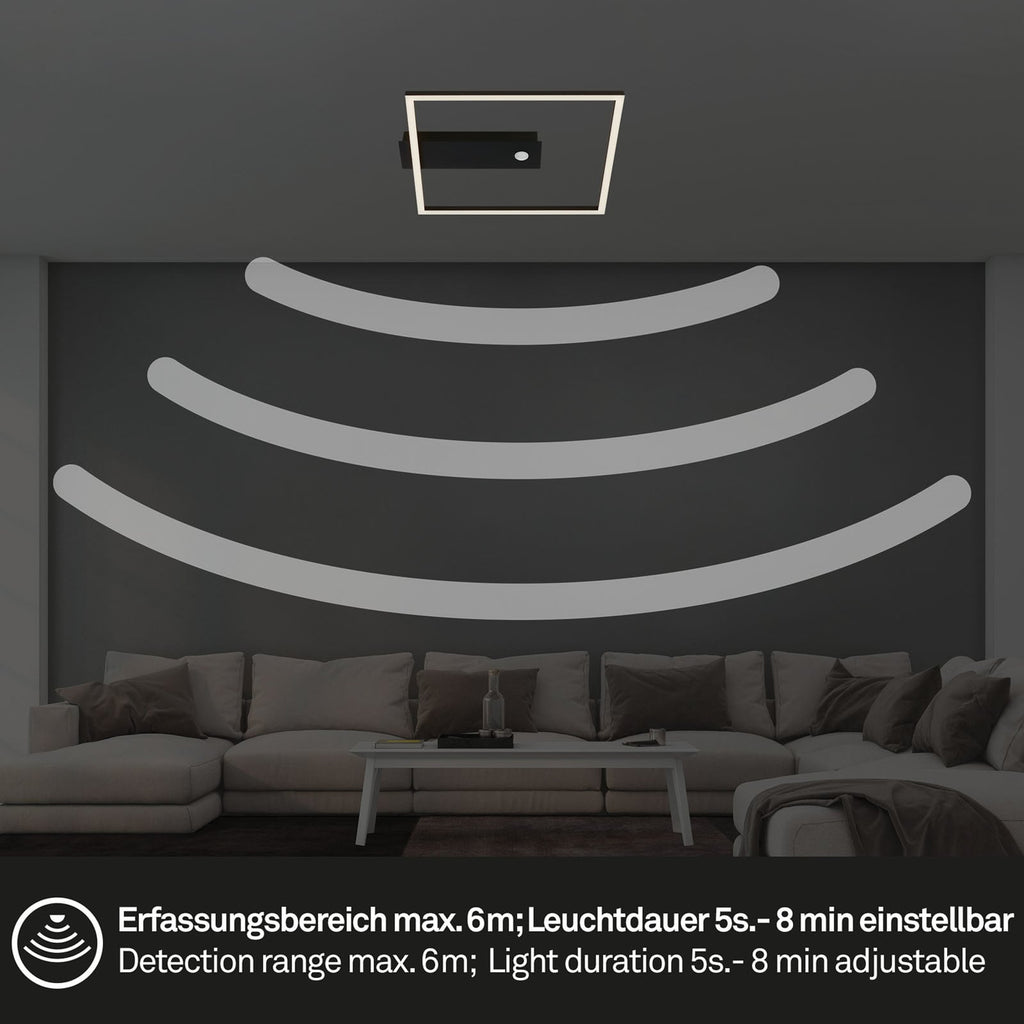 Nærbilde av LED-panel på LED taklampe Nici med bevegelsessensor kvadratisk svart 32 cm