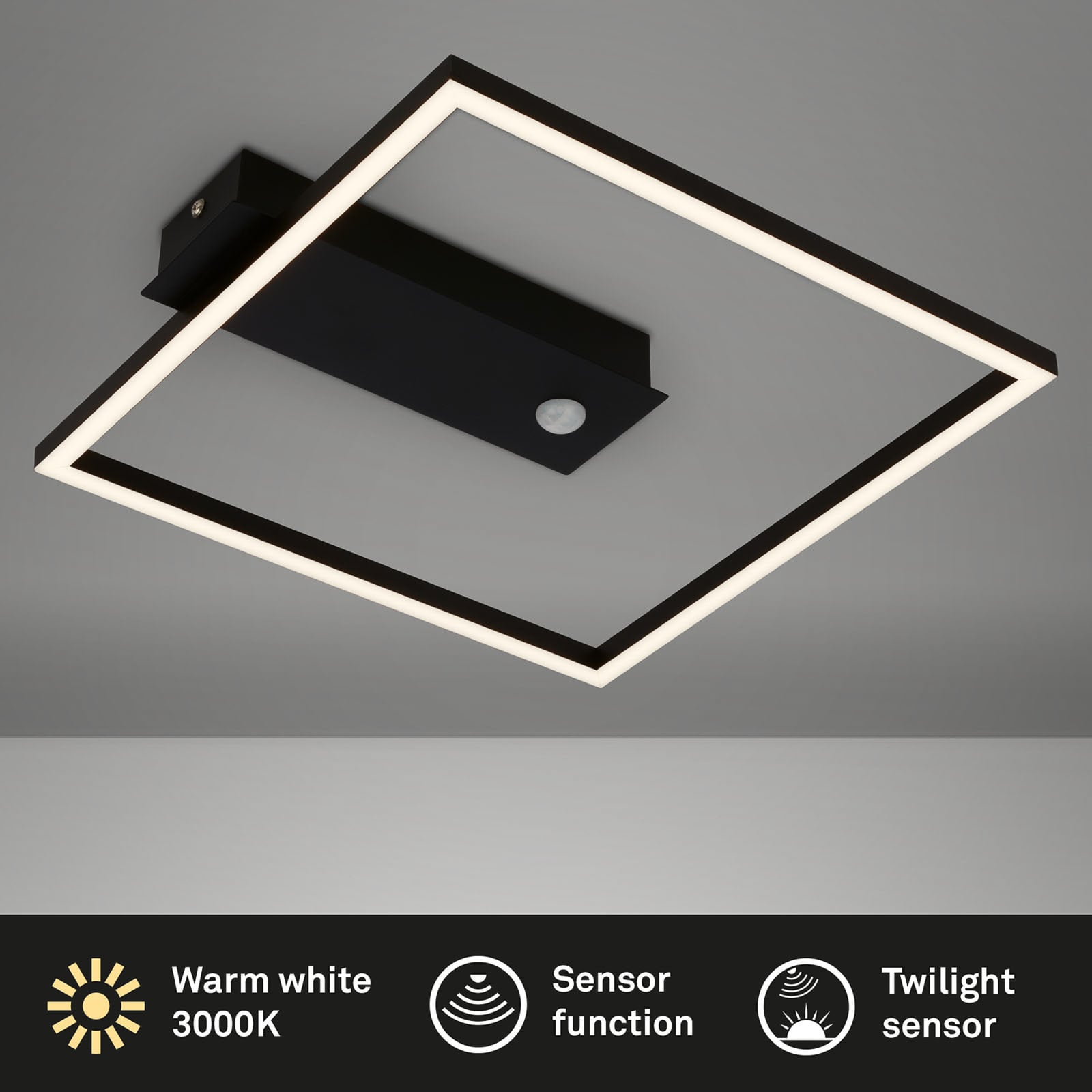 Sidevisning av LED taklampe Nici med bevegelsessensor kvadratisk svart 32 cm