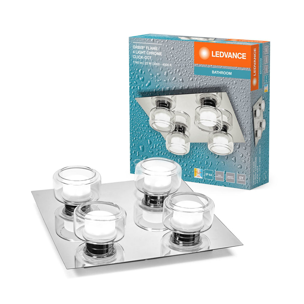 LED taklampe Orbis Flame 4-lys krom glass IP44 montert i tak
