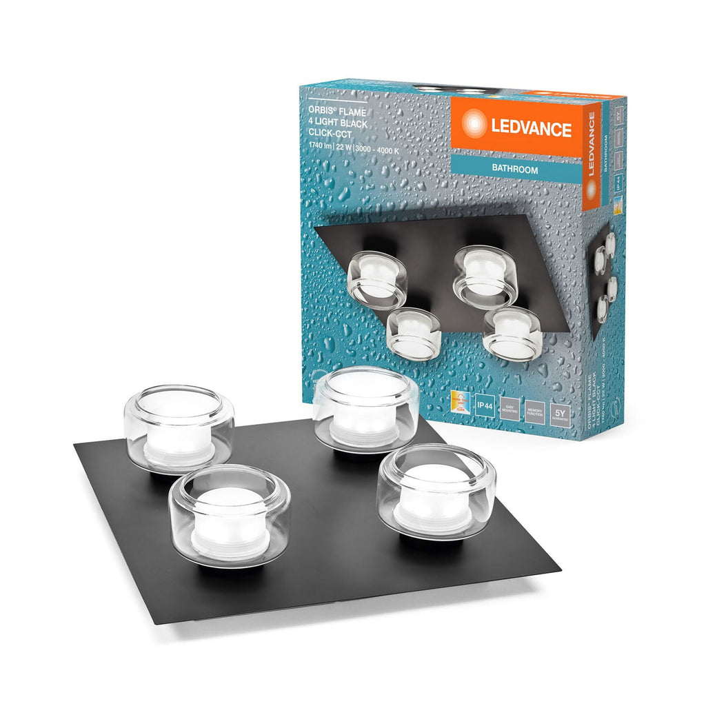 Montert LED taklampe Orbis Flame 4-lys svart glass IP44 i baderom