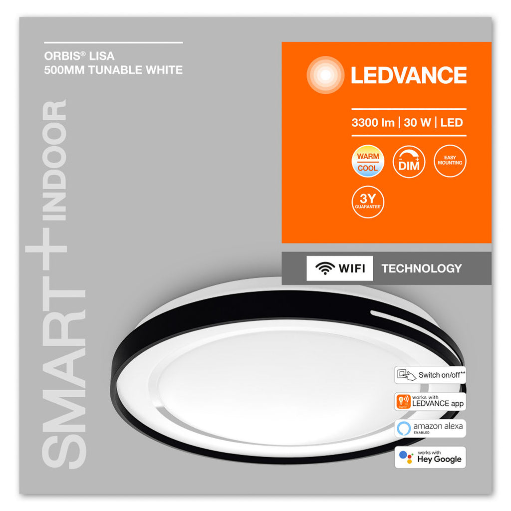 Nærbilde av LED taklampe Orbis Lisa smart WiFi dimbar svart kontroll
