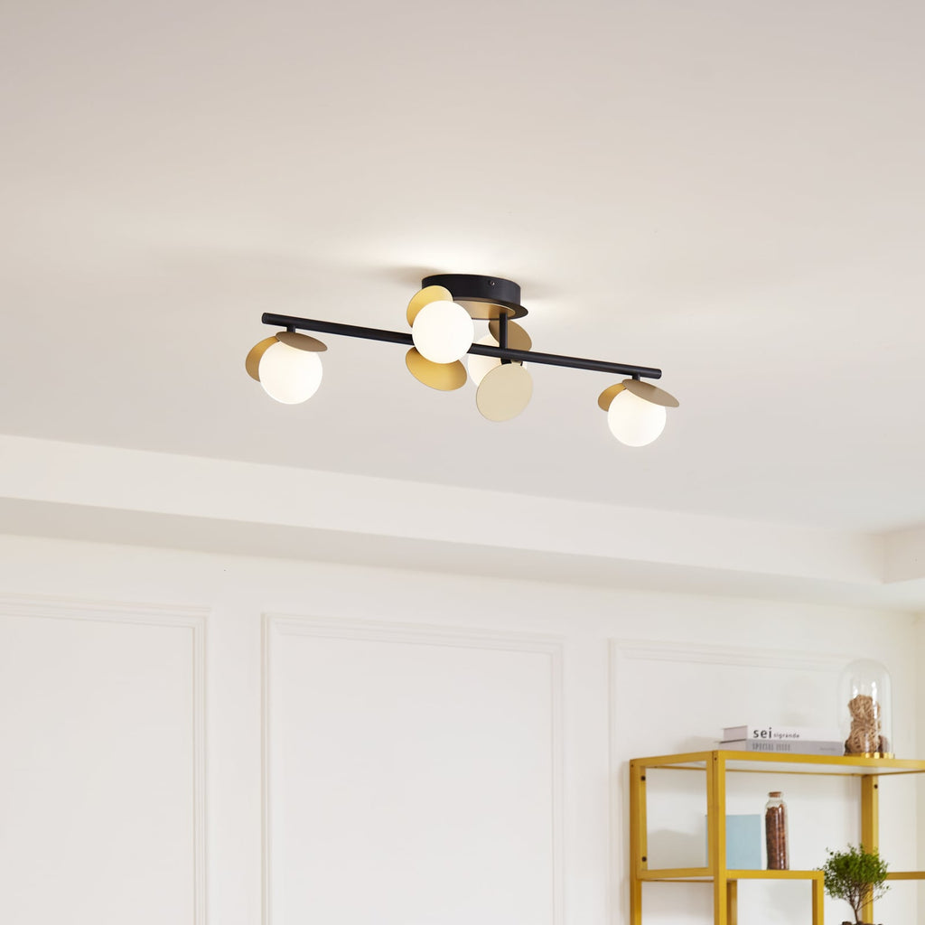 LED taklampe Pallo 4-lys svart/gull glass 70 cm forfra