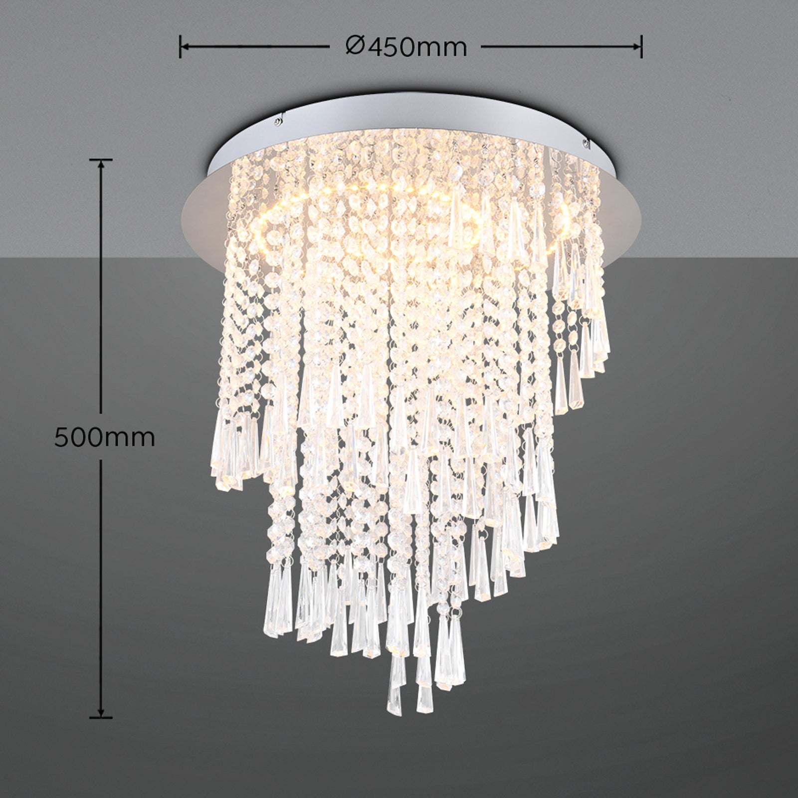 LED taklampe Pomp dimbar CCT akryl/krom Ø45 cm forfra
