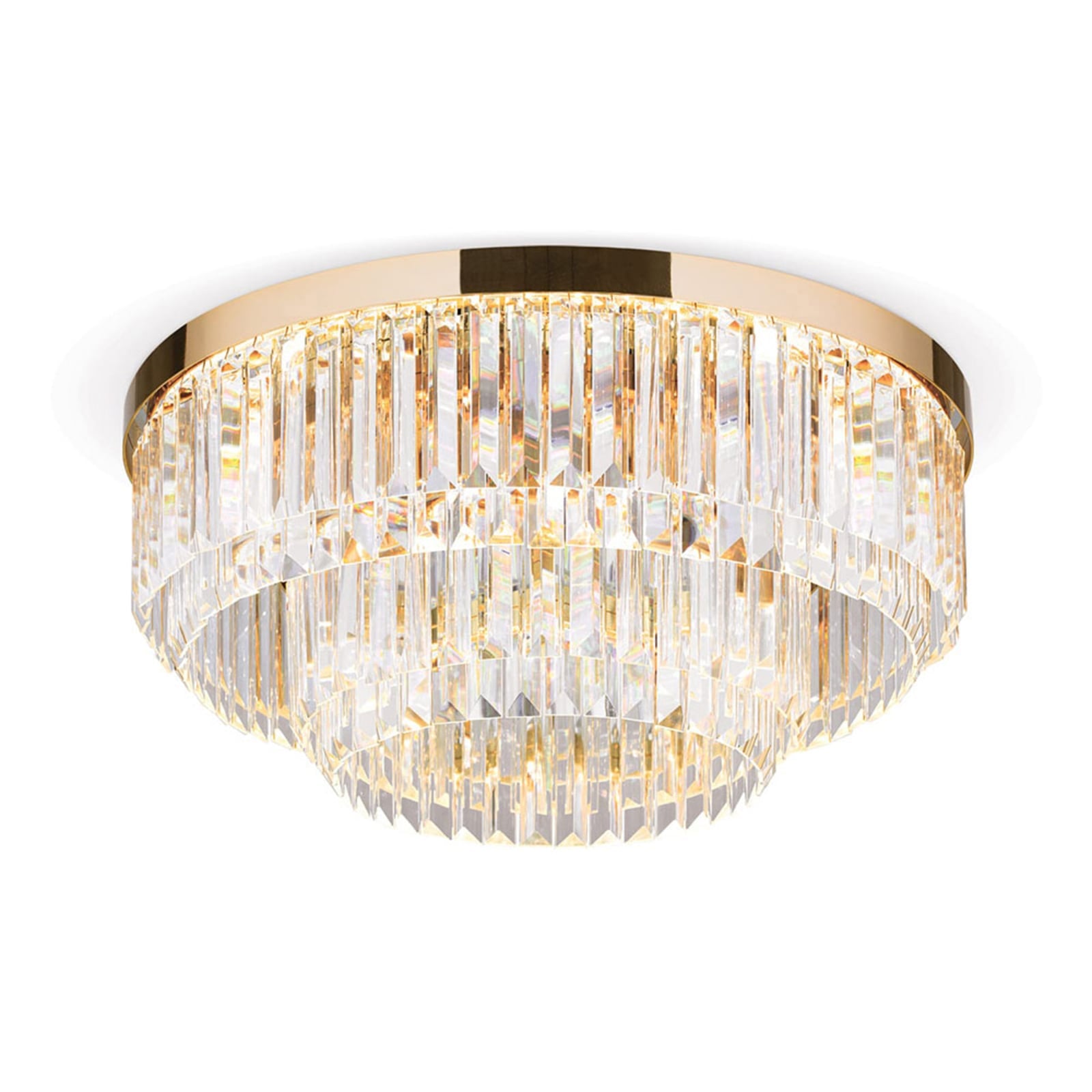 Nærbilde av metallring og krystallglass på LED taklampe Prism dimbar krystallglass gull