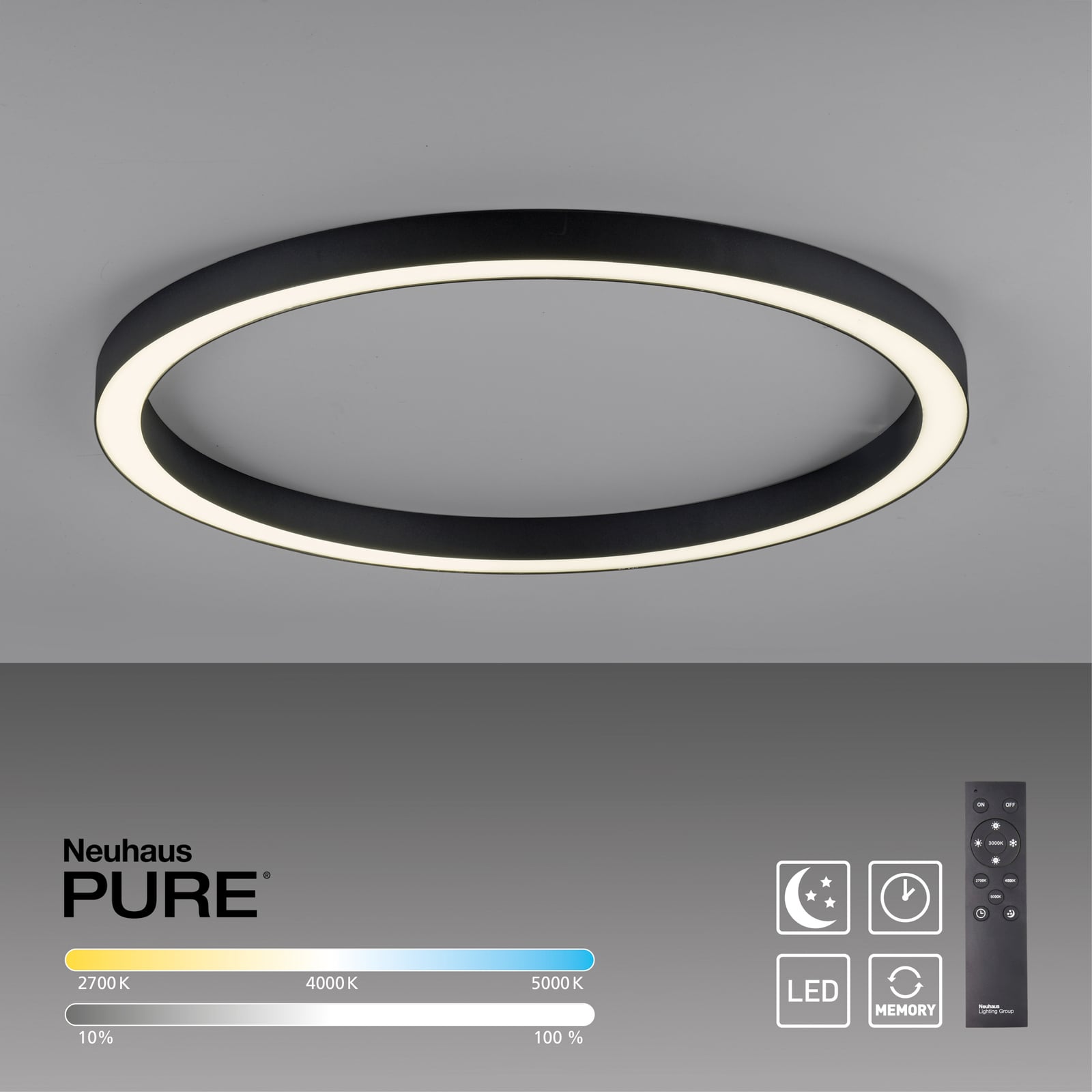 Lysstyrke på LED taklampe PURE Lines Round CCT dimbar Ø70 cm antrasitt i bruk