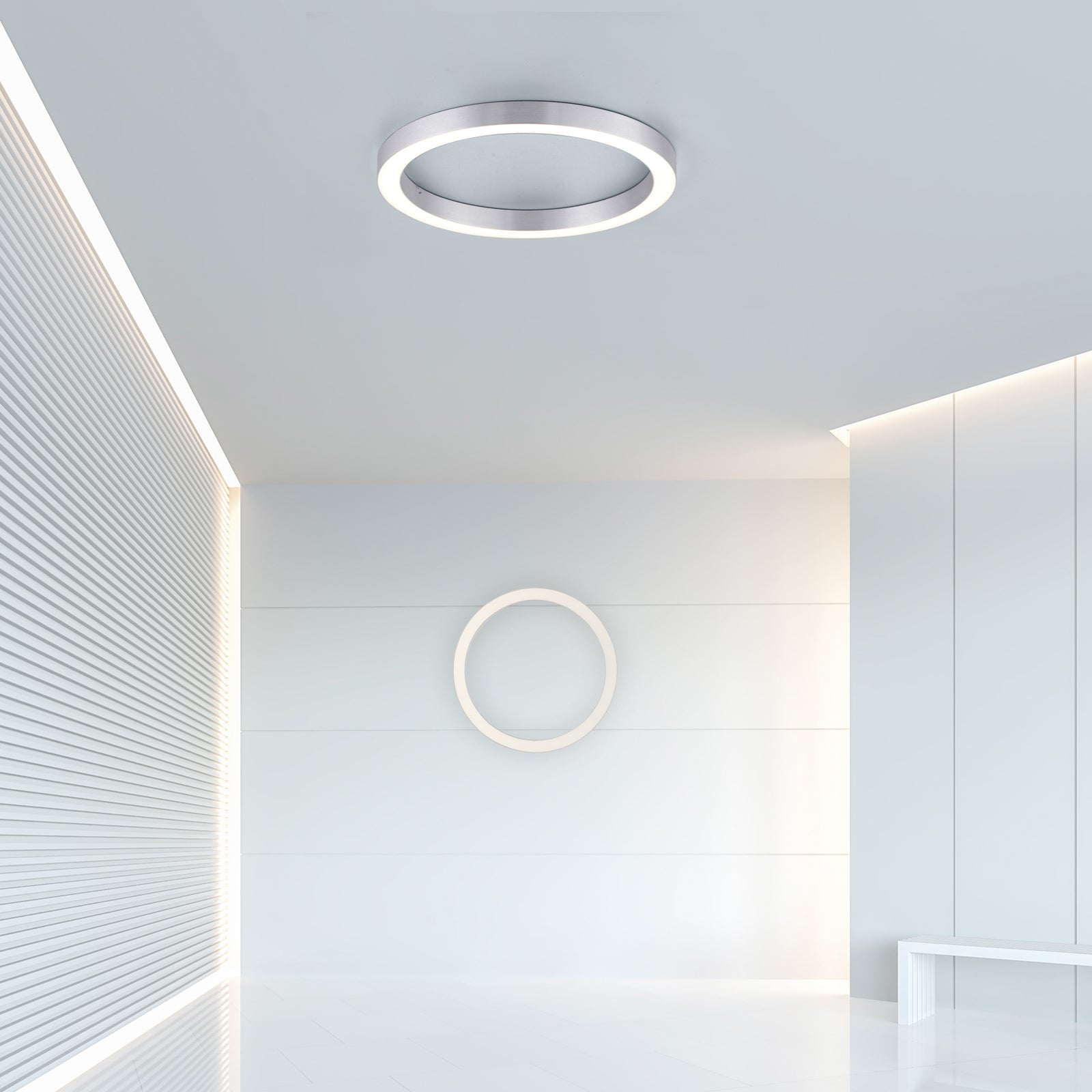 LED taklampe PURE Lines Round dimbar CCT Ø50 cm sølv montert i rom