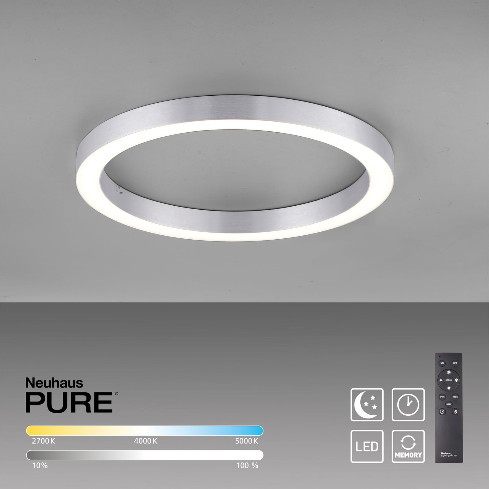 LED taklampe PURE Lines Round dimbar CCT Ø50 cm sølv aluminium og plast materiale