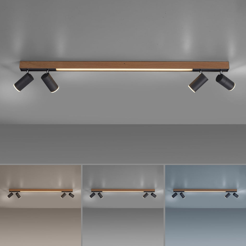 LED taklampe PURE Lines Spot dimbar med fjernkontroll 120 cm eik og aluminium detaljer