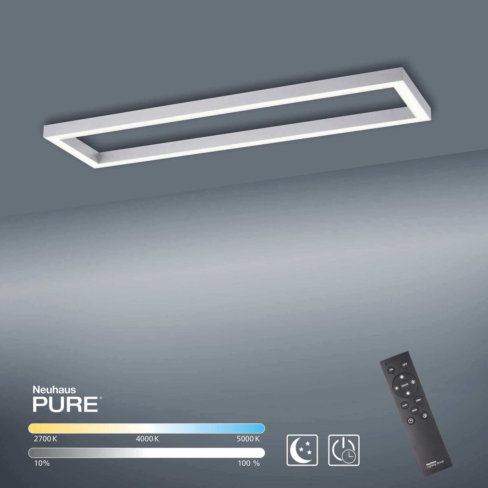 Nærbilde av fjernkontroll til LED taklampe PURE Lines Square dimbar CCT 110 cm