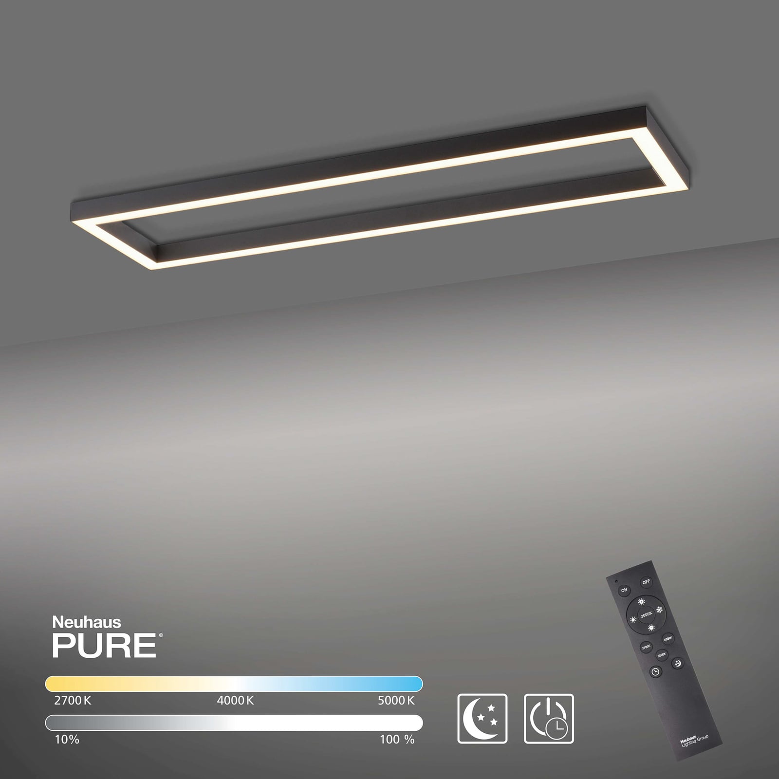 LED taklampe PURE Lines Square dimbar CCT 110 cm med lys på