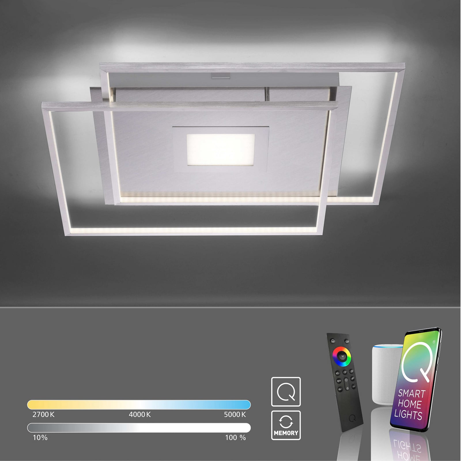 LED-taklampe Q-AMIRA 60x60 cm CCT dimbar sølv Zigbee visning av lysfargetemperatur