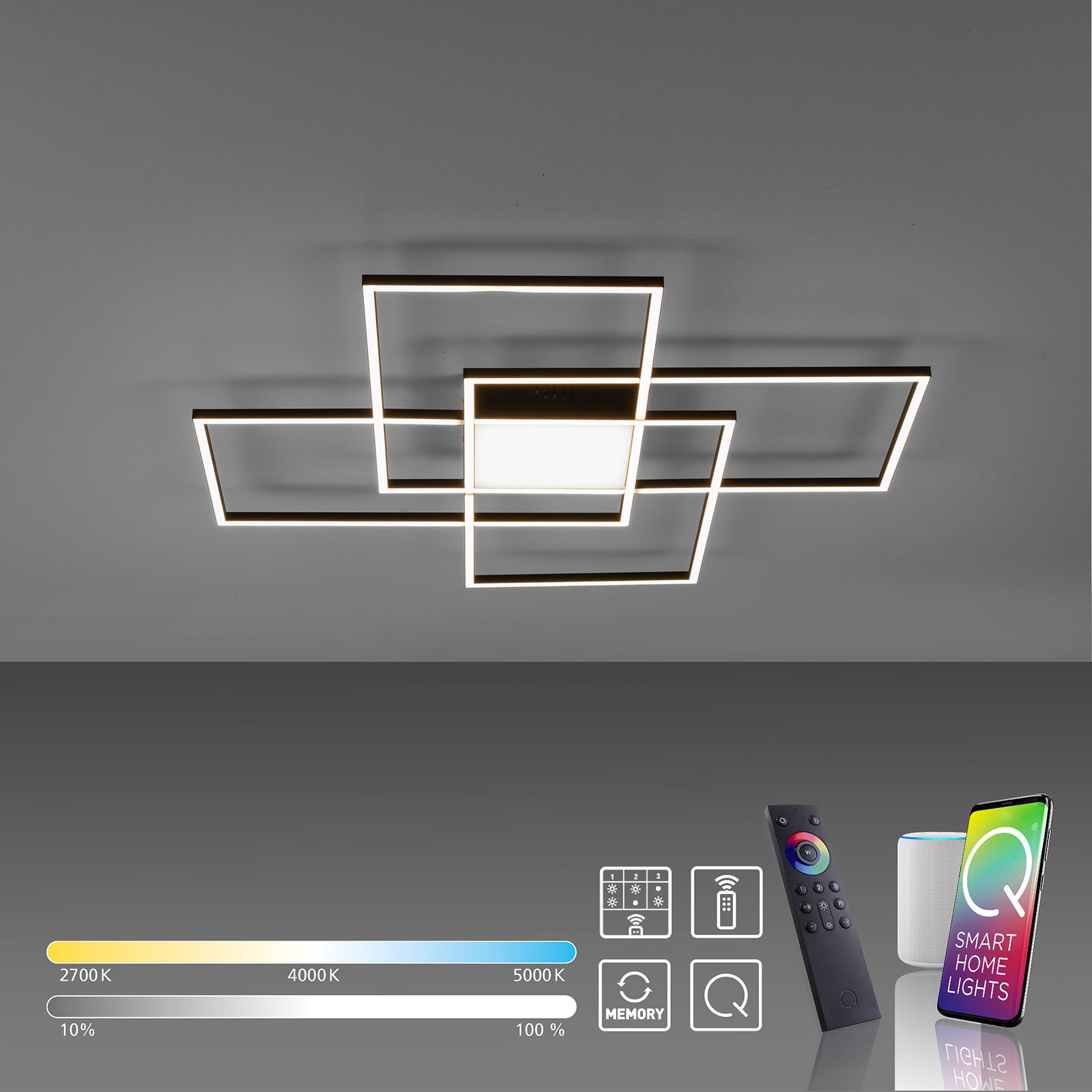 LED taklampe Q-ASMIN smart svart/hvit 80x80 cm lysdetalj