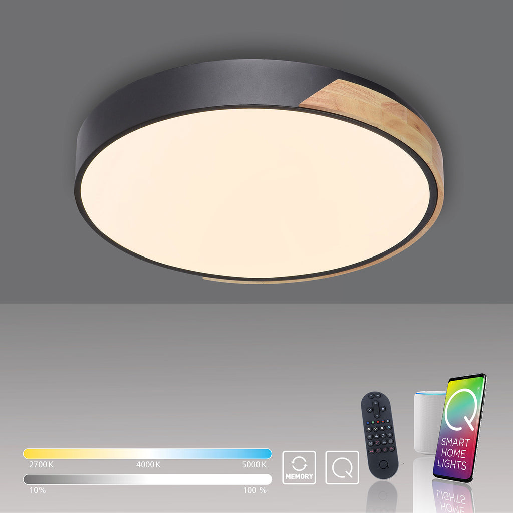 LED taklampe Q-BILA dimbar svart eik med lys på