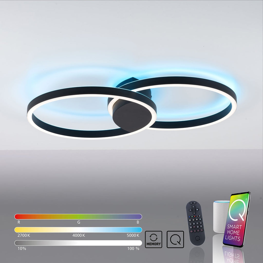 LED taklampe Q-MARKO 2-lys rund CCT RGB dimbar Zigbee i bruk med smart styring