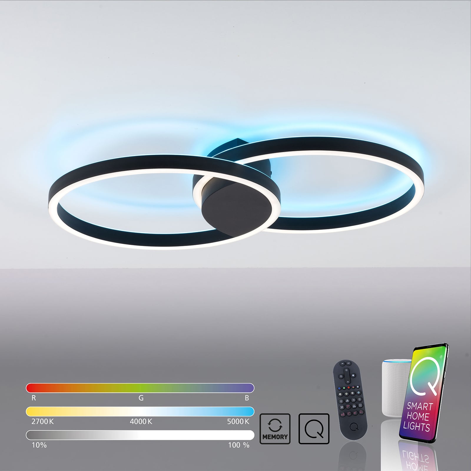 LED taklampe Q-MARKO 2-lys rund CCT RGB dimbar Zigbee i bruk med smart styring